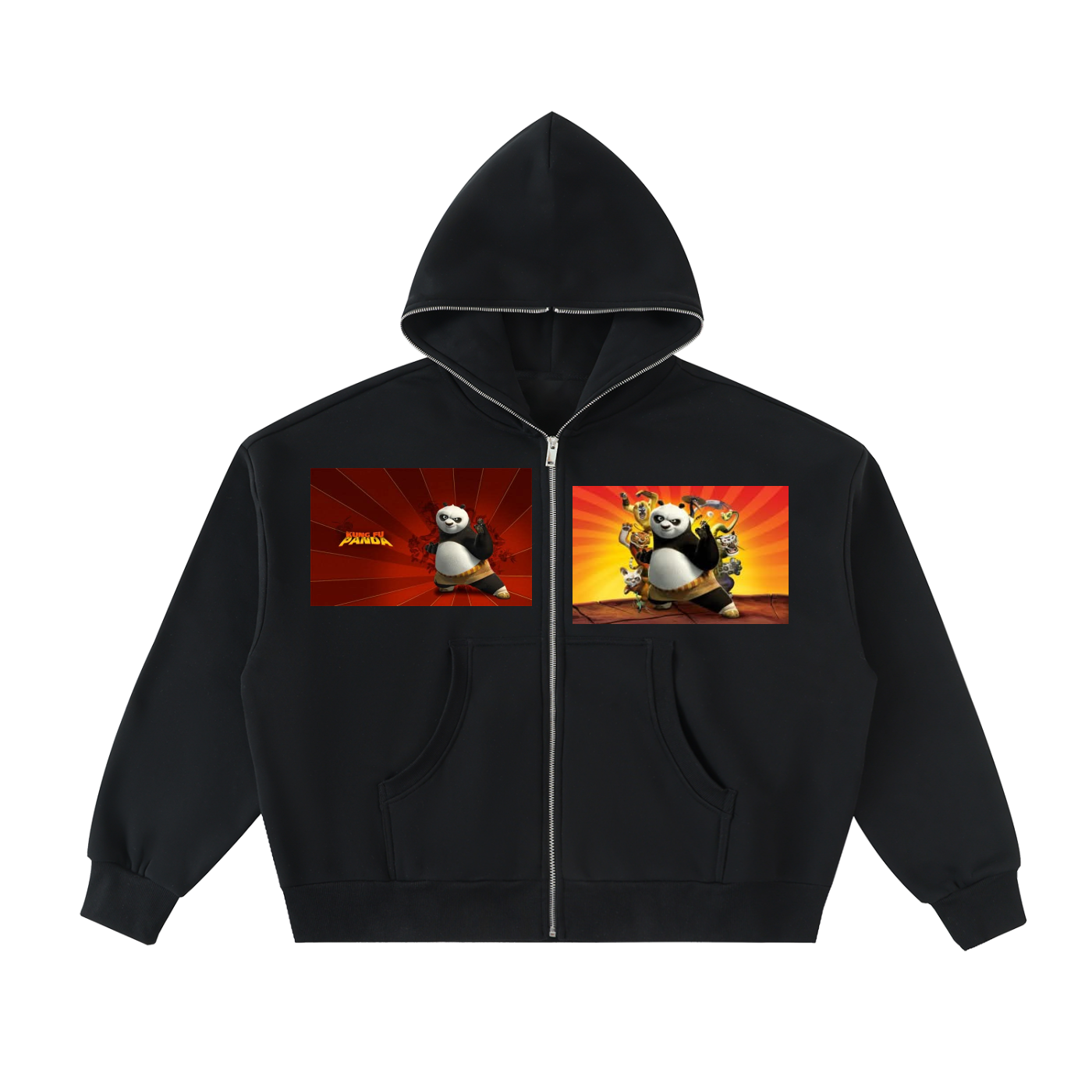Black hoodie with panda graphics on a white background