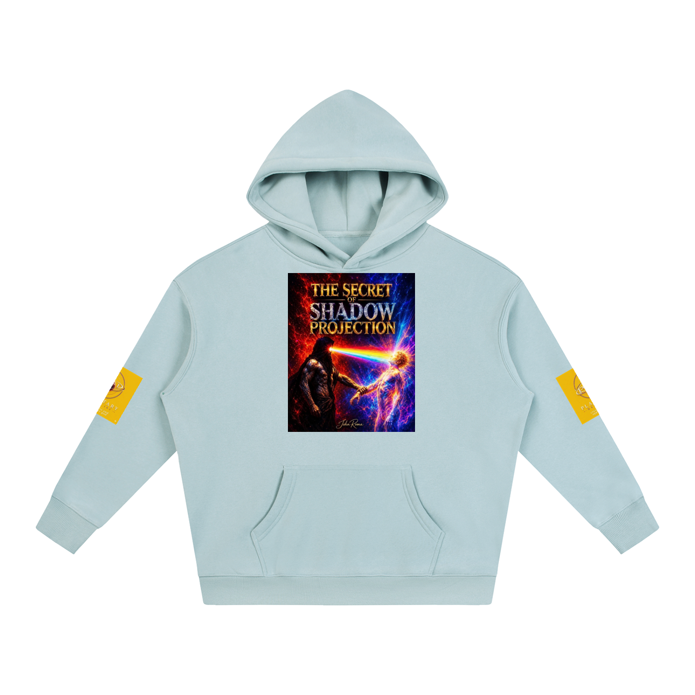 A light blue pullover hoodie with a graphic print on the chest reading 'THE SECRET SHADOW PROJECTION' and yellow patches on both sleeves, shown on a plain white background.