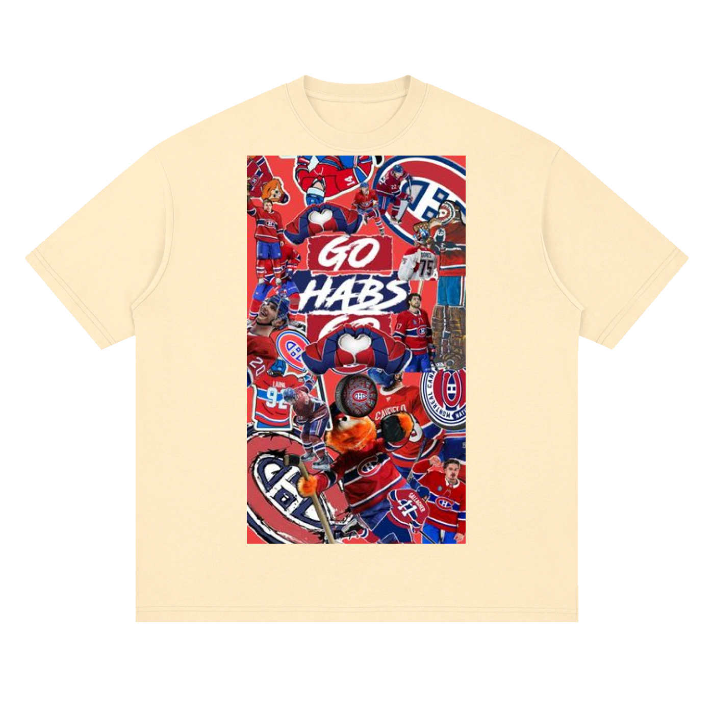Beige t-shirt with a colorful graphic design featuring hockey-themed elements and 'GO HABS' text.