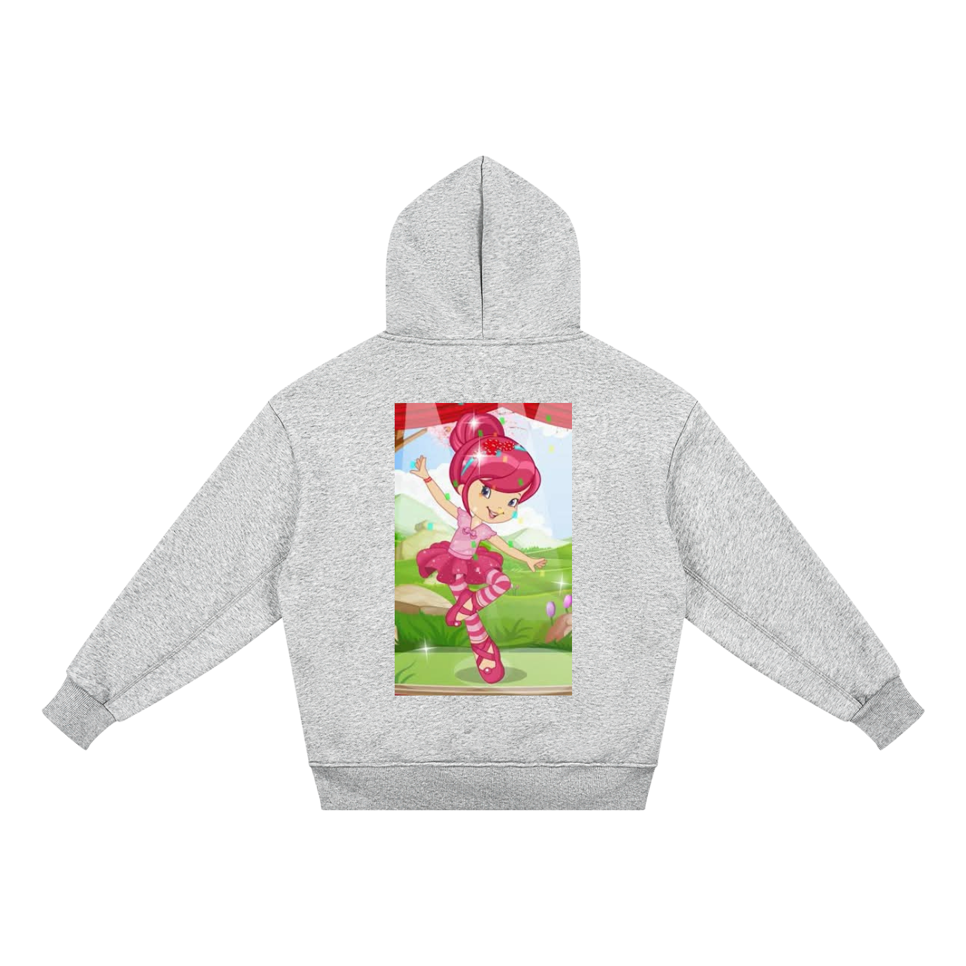 Gray hoodie with a colorful cartoon character on the back on a white background