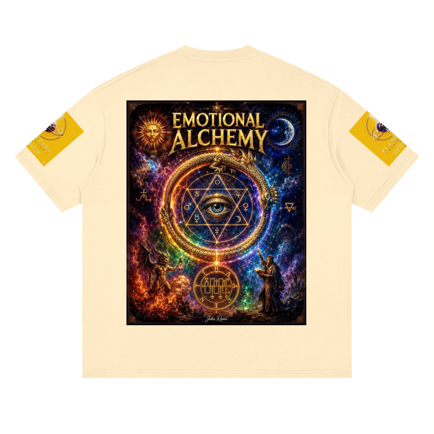 Beige t-shirt with 'Emotional Alchemy' graphic design on a white background