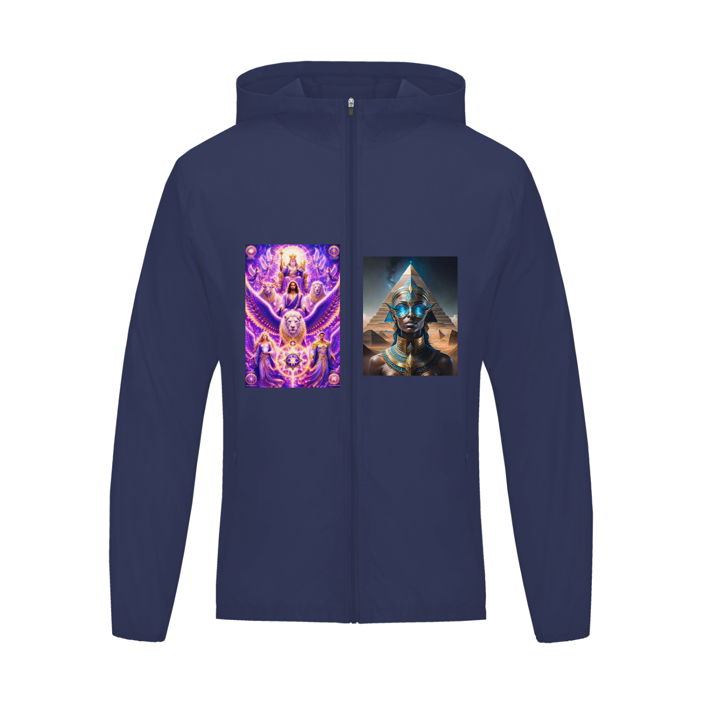 Navy blue hoodie with graphic designs on the front and back on a white background