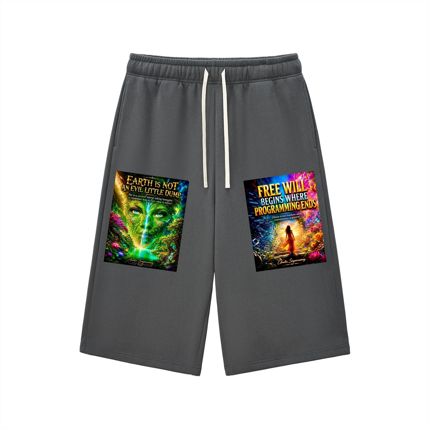 Gray sweatpants with two colorful posters on a white background