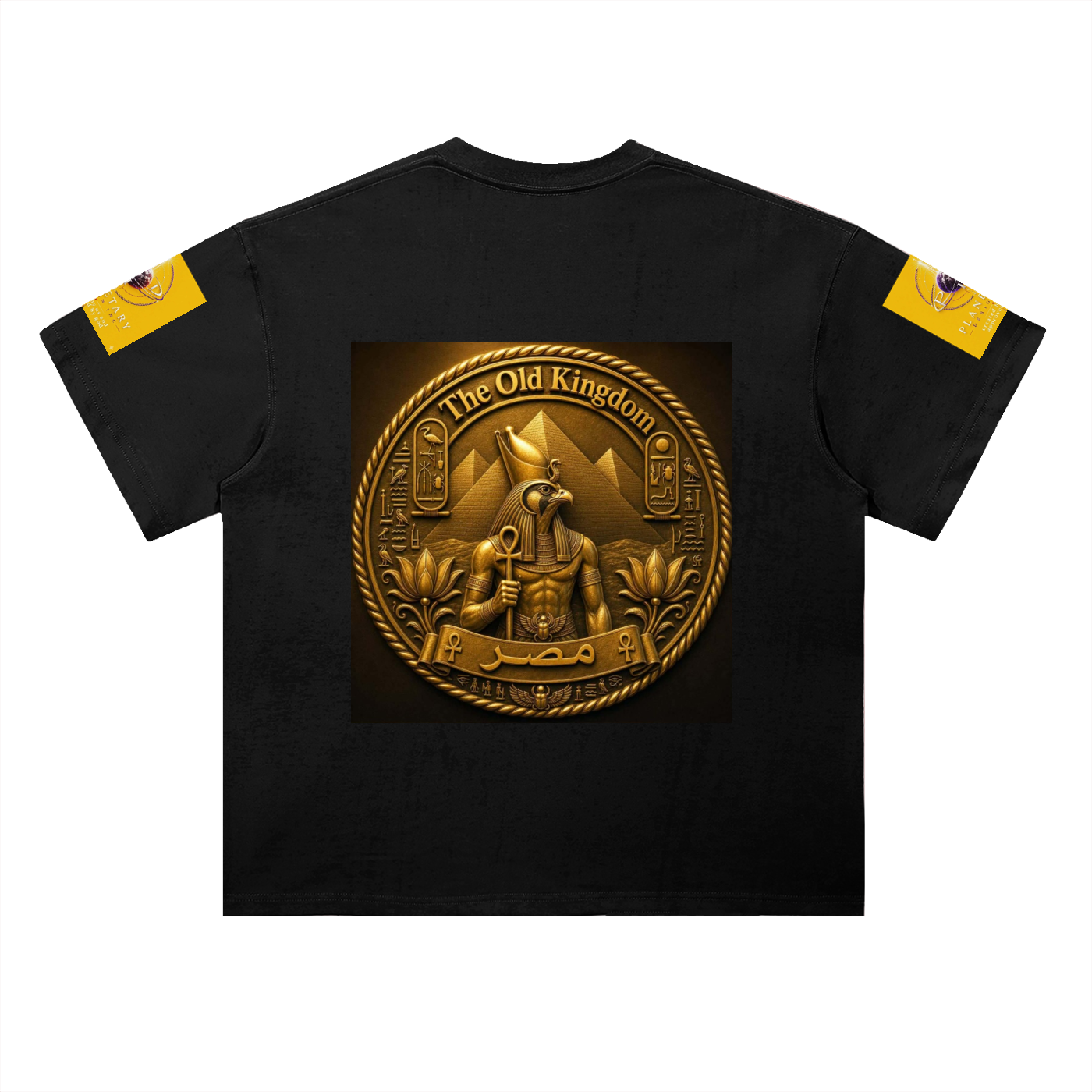 A black short-sleeve t-shirt shown from the back, featuring a large circular gold Egyptian-themed graphic in the center with the text 'The Old Kingdom' and a pharaoh design, plus small yellow graphic patches on both upper sleeves.