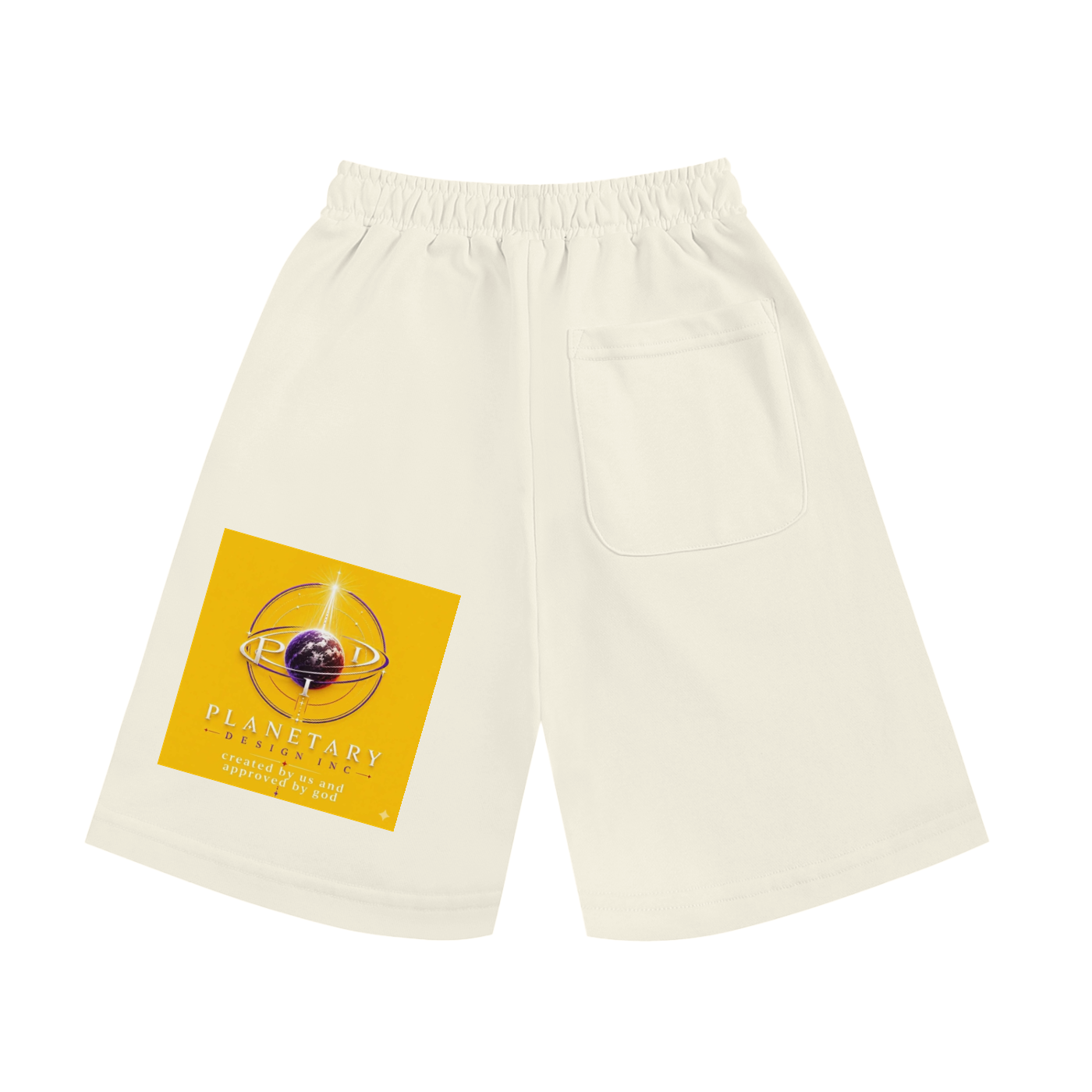 Beige shorts with a yellow label featuring a planet graphic on a white background