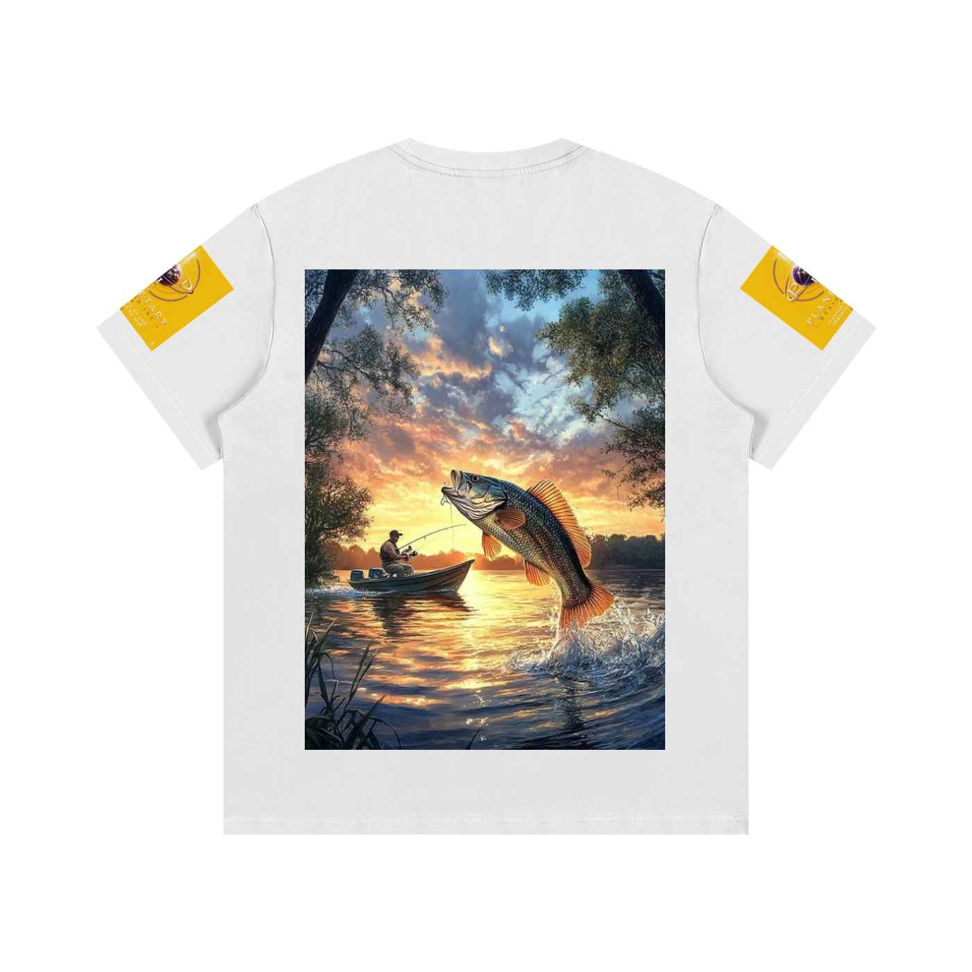 White t-shirt with a fishing scene print on a white background