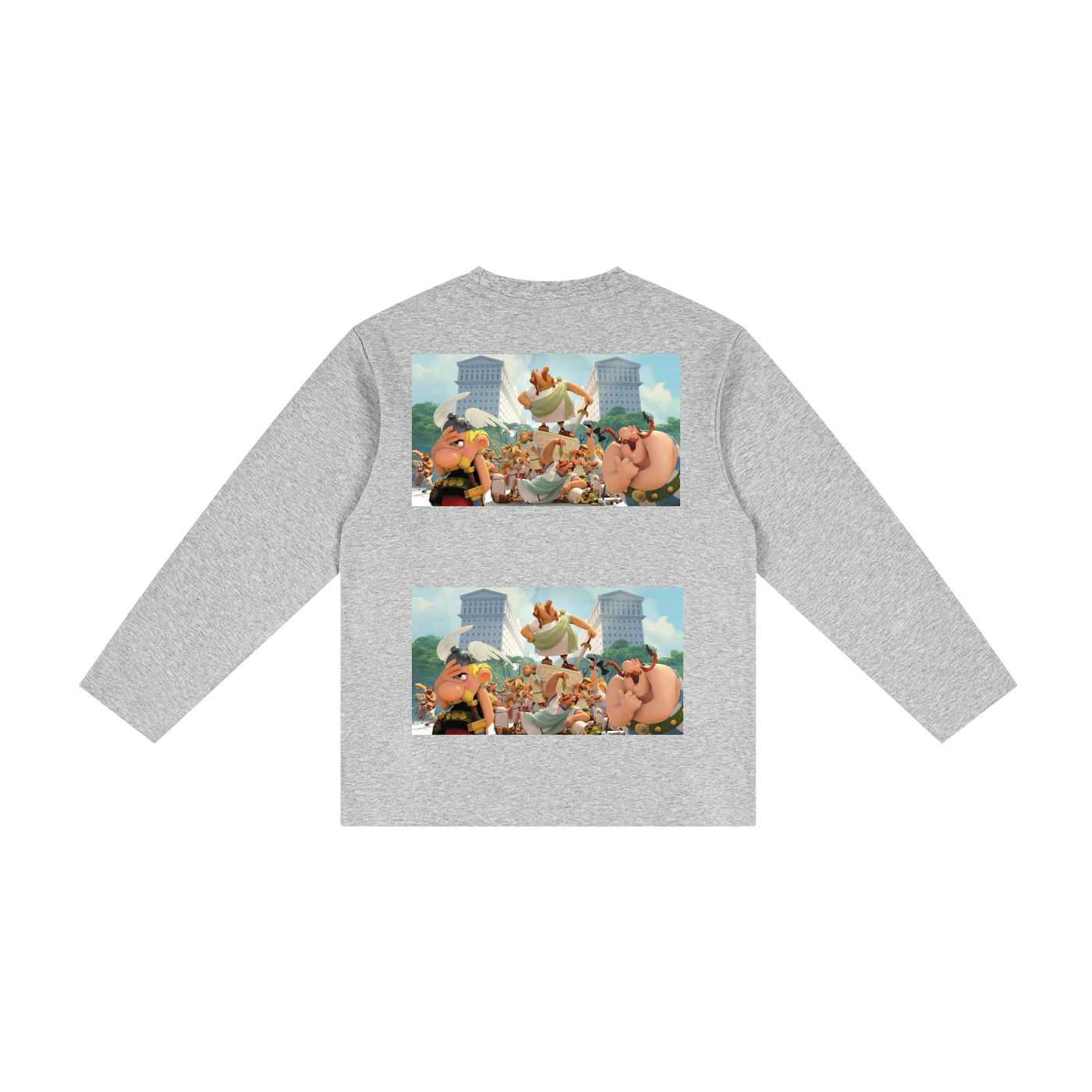 Gray sweatshirt with graphic designs on the back on a white background