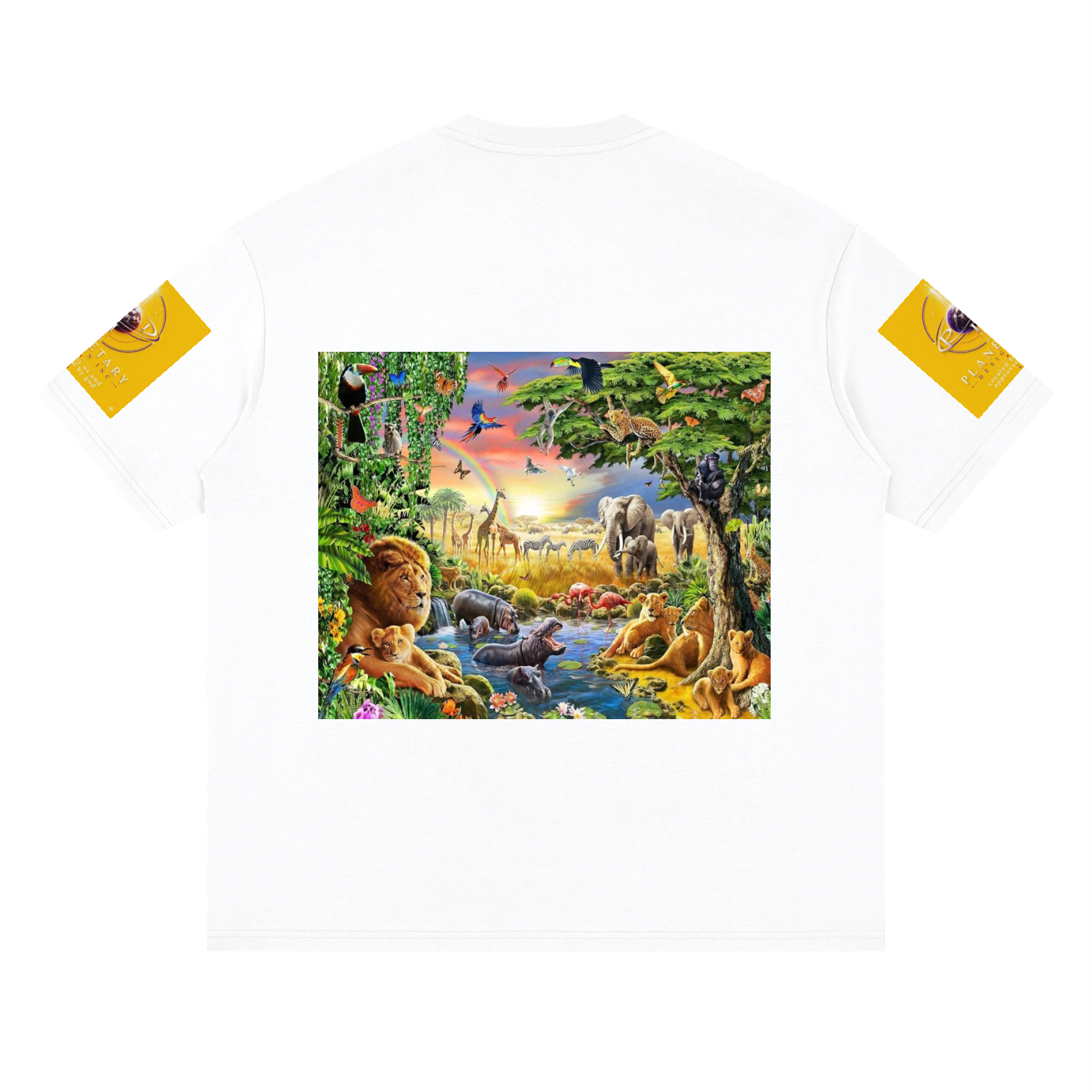 T-shirt with a colorful illustration of animals in a jungle scene on a white background.