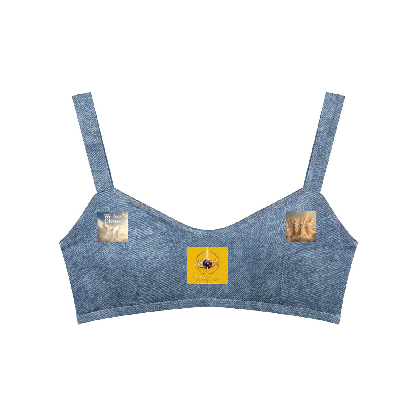 Blue bra with brand logos on a white background