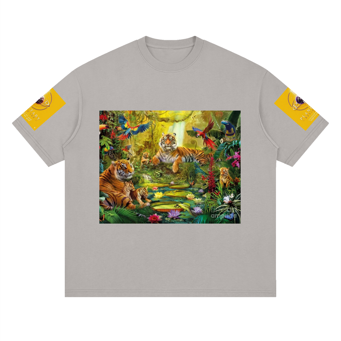 Gray t-shirt with a colorful jungle design featuring tigers and parrots on a white background.