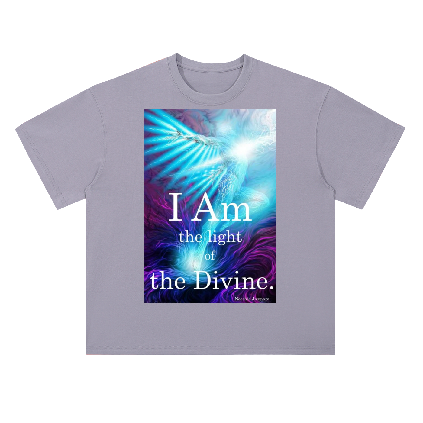 Gray t-shirt with a colorful design and text on a white background