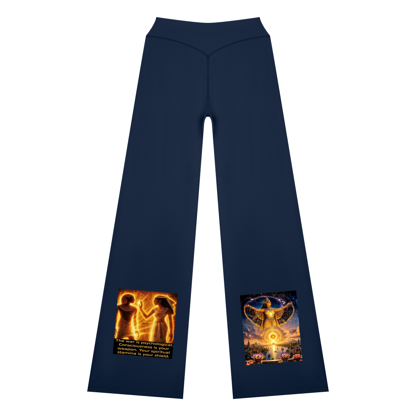 Navy blue wide-leg pants featuring graphic prints on the lower left and right legs, displayed on a solid white background.