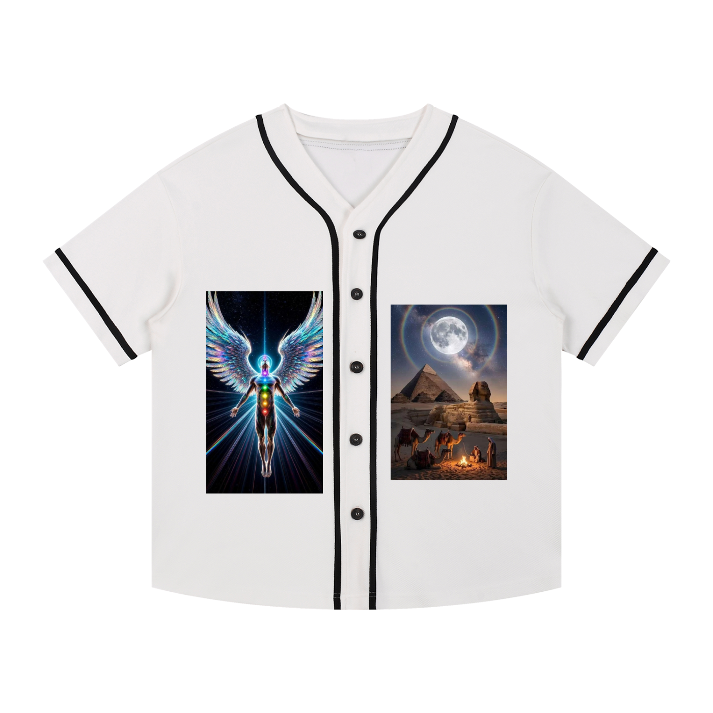 A white short-sleeve baseball-style shirt with black trim on the collar, sleeve cuffs, and front buttons. The shirt features two square graphic prints on the chest: one showing a glowing angel figure with wings, and the other showing a desert scene with pyramids, a sphinx, and a campfire under a full moon.
