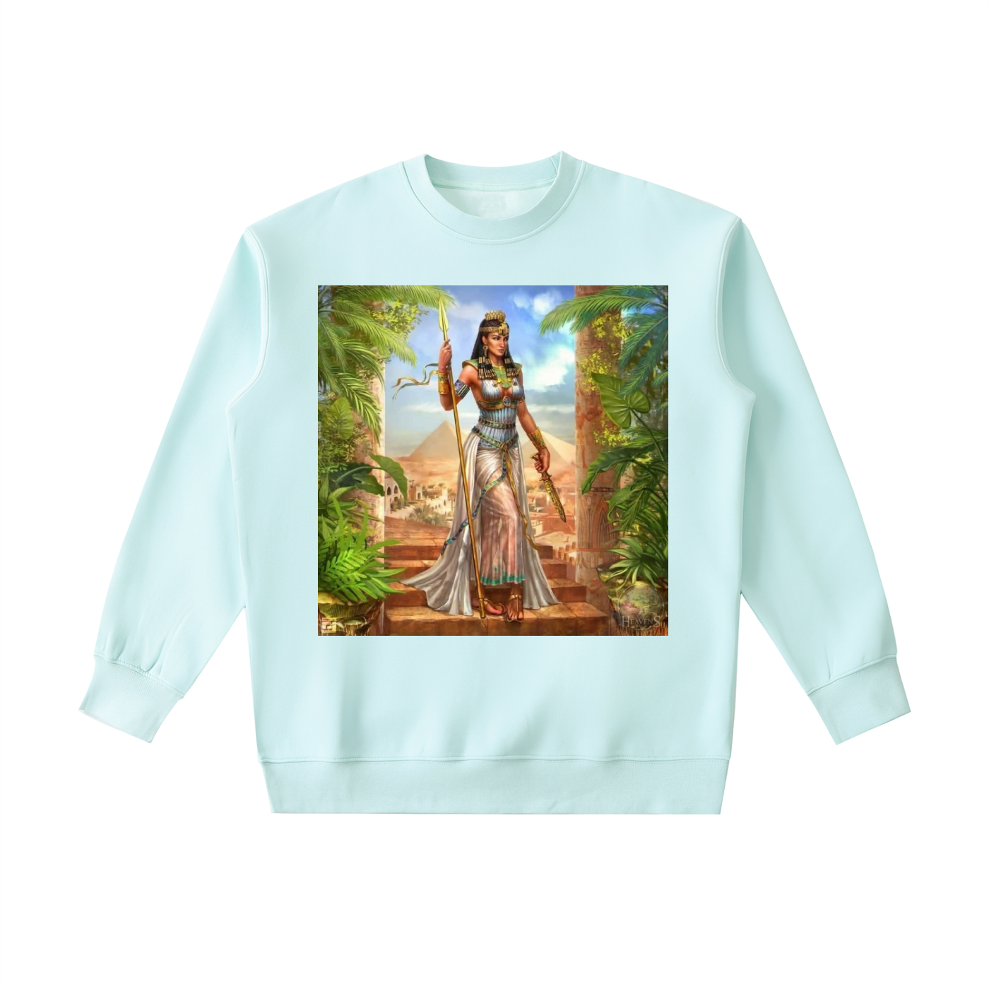 Light blue sweatshirt with an Egyptian-themed graphic on a white background