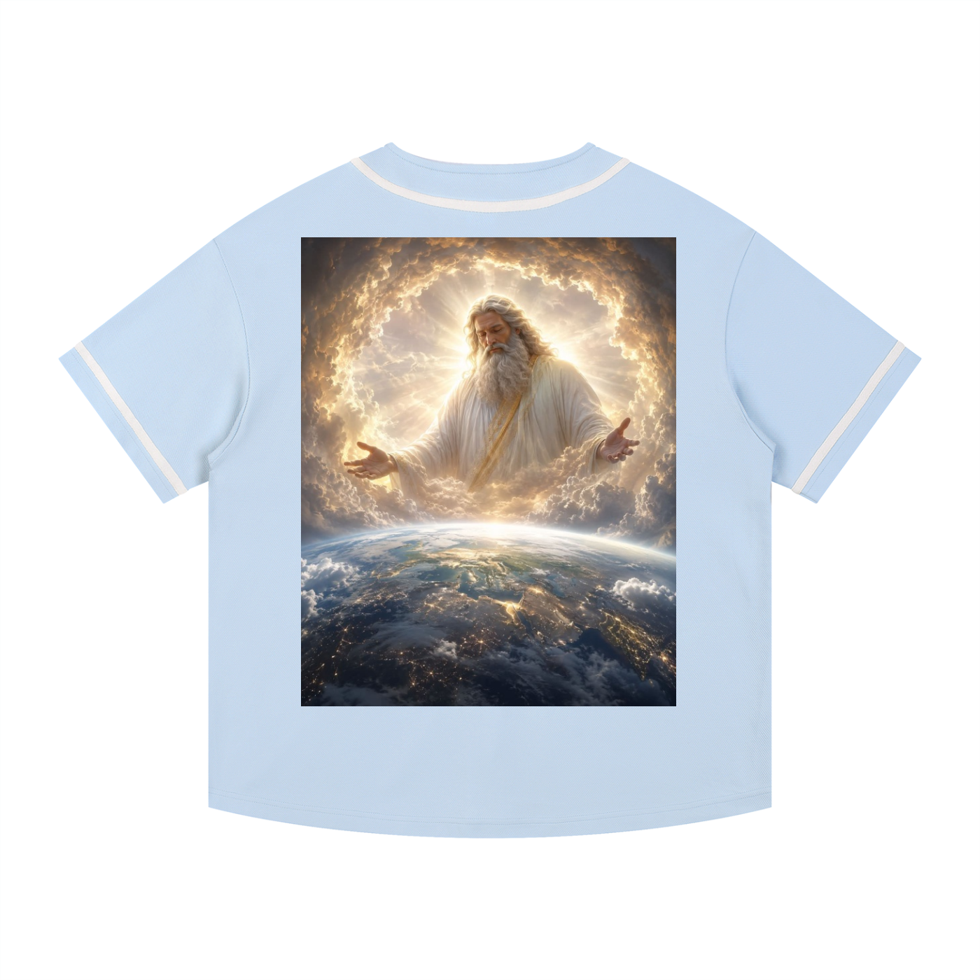 A light blue short-sleeve t-shirt with white contrast piping on the collar and sleeve cuffs, featuring a large rectangular graphic print on the front depicting a celestial figure with outstretched hands above a view of Earth from space.