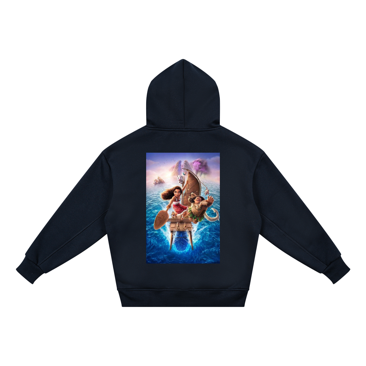 Black hoodie with a colorful graphic of a mermaid and sea creature on the back, on a white background.