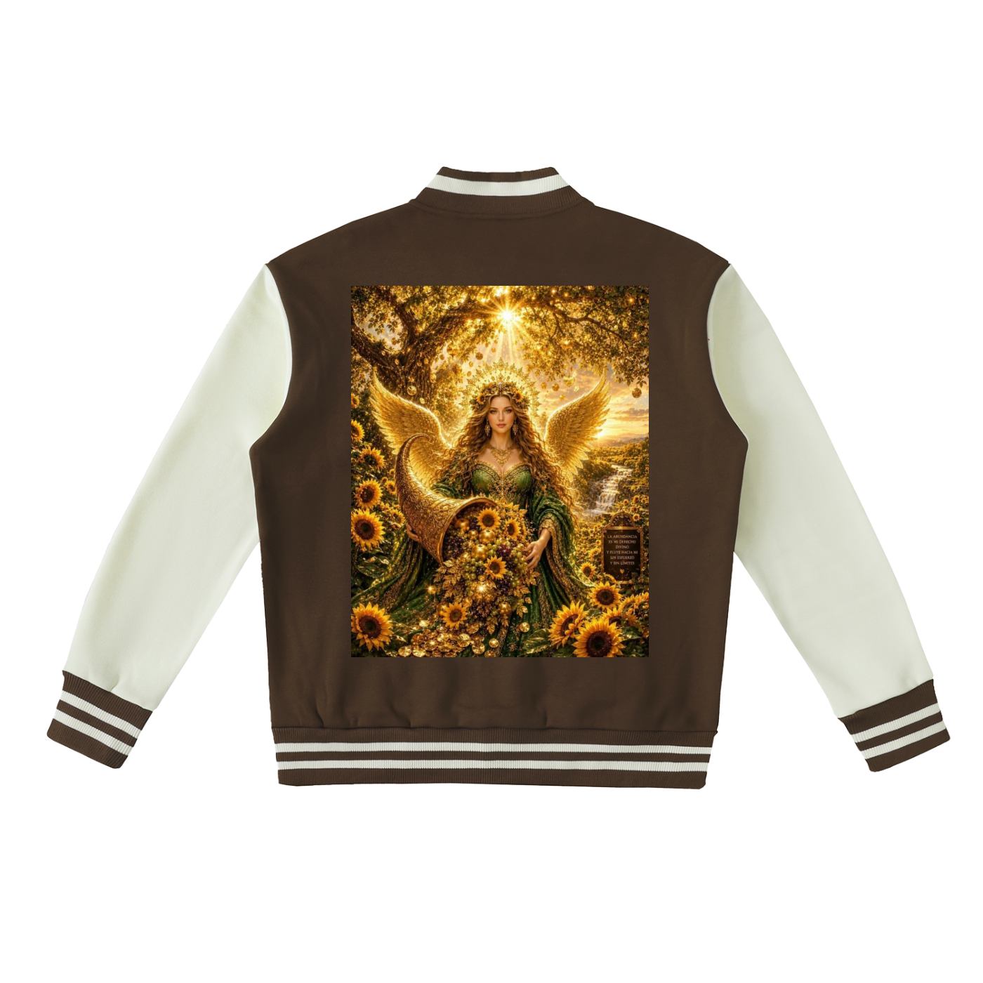 A brown and cream varsity-style jacket shown from the back, featuring a large graphic print of a golden angel surrounded by sunflowers on the back panel.