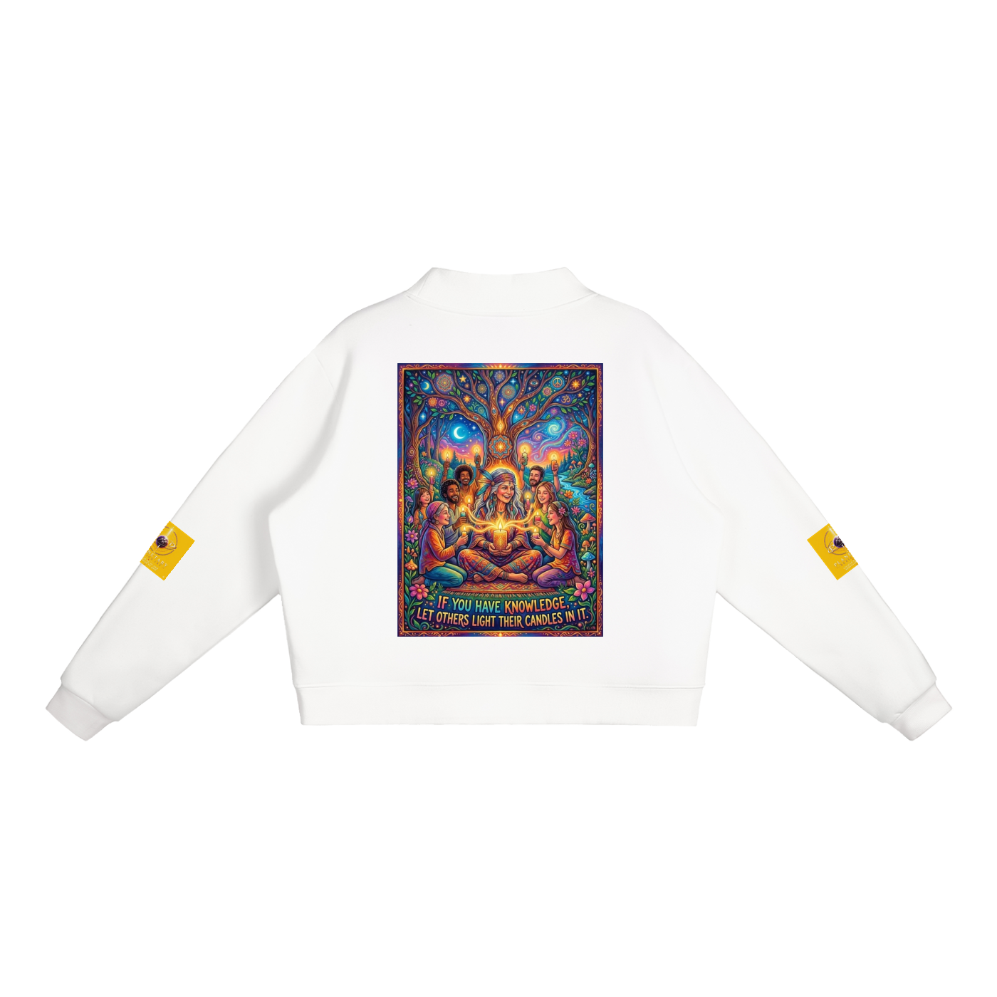 A white long-sleeve sweatshirt shown from the back, featuring a large colorful graphic print in the center with a tree of life and seated figures, plus small yellow patches on both sleeves.