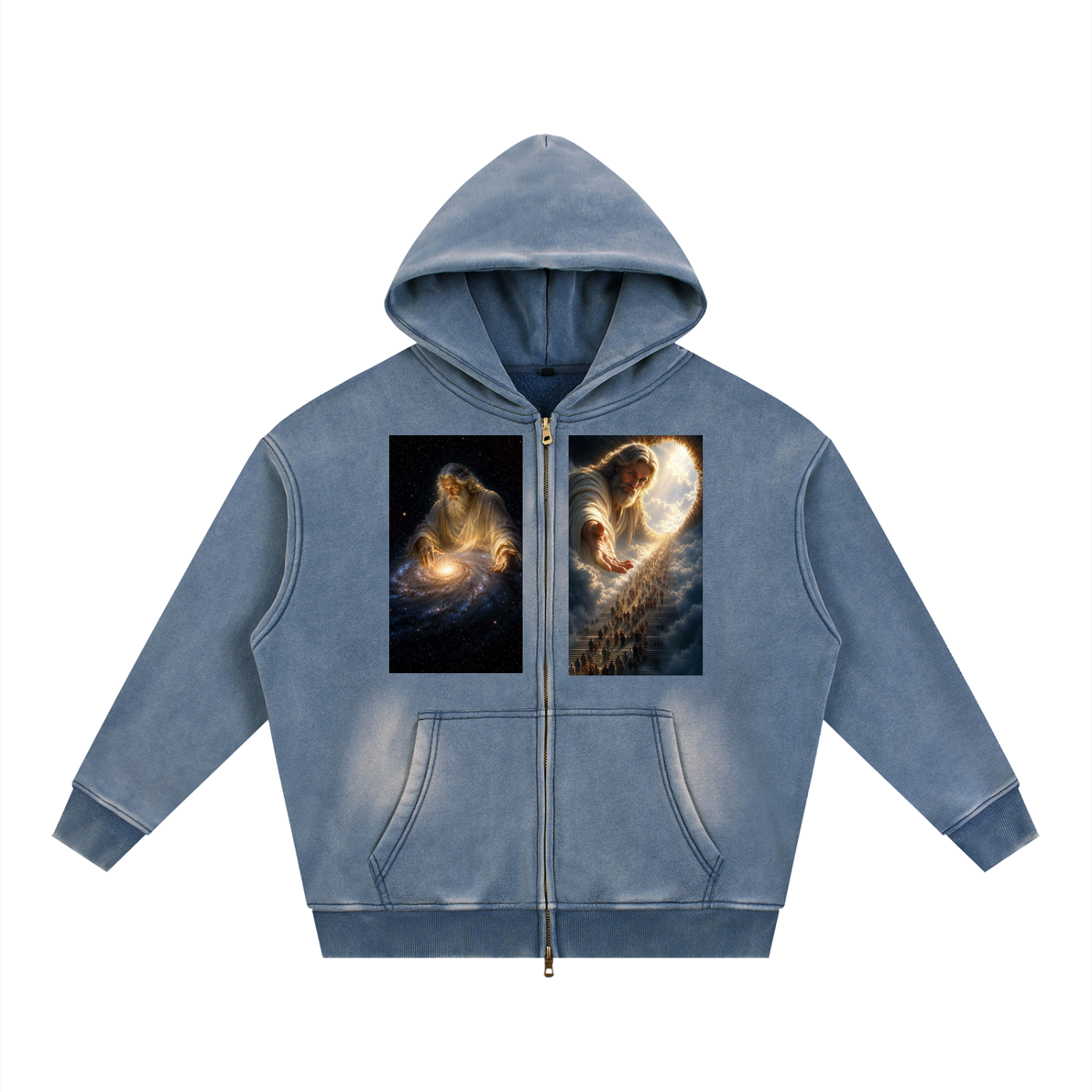 A light blue zip-up hoodie with a mineral wash finish, featuring two square graphic prints on the chest depicting a glowing figure in a cosmic scene. The hoodie has a front zipper, a drawstring hood, and split kangaroo pockets, shown against a plain white background.