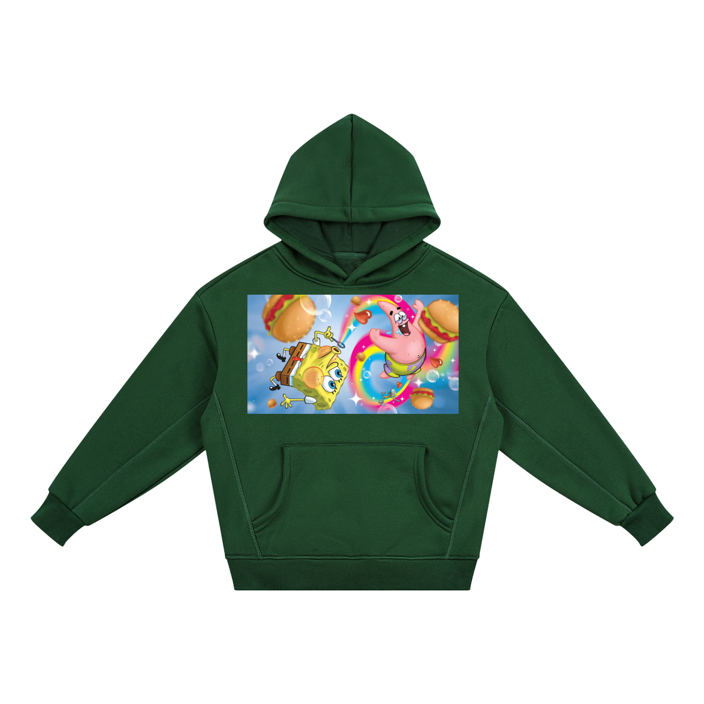 Green hoodie with a colorful cartoon design on a white background