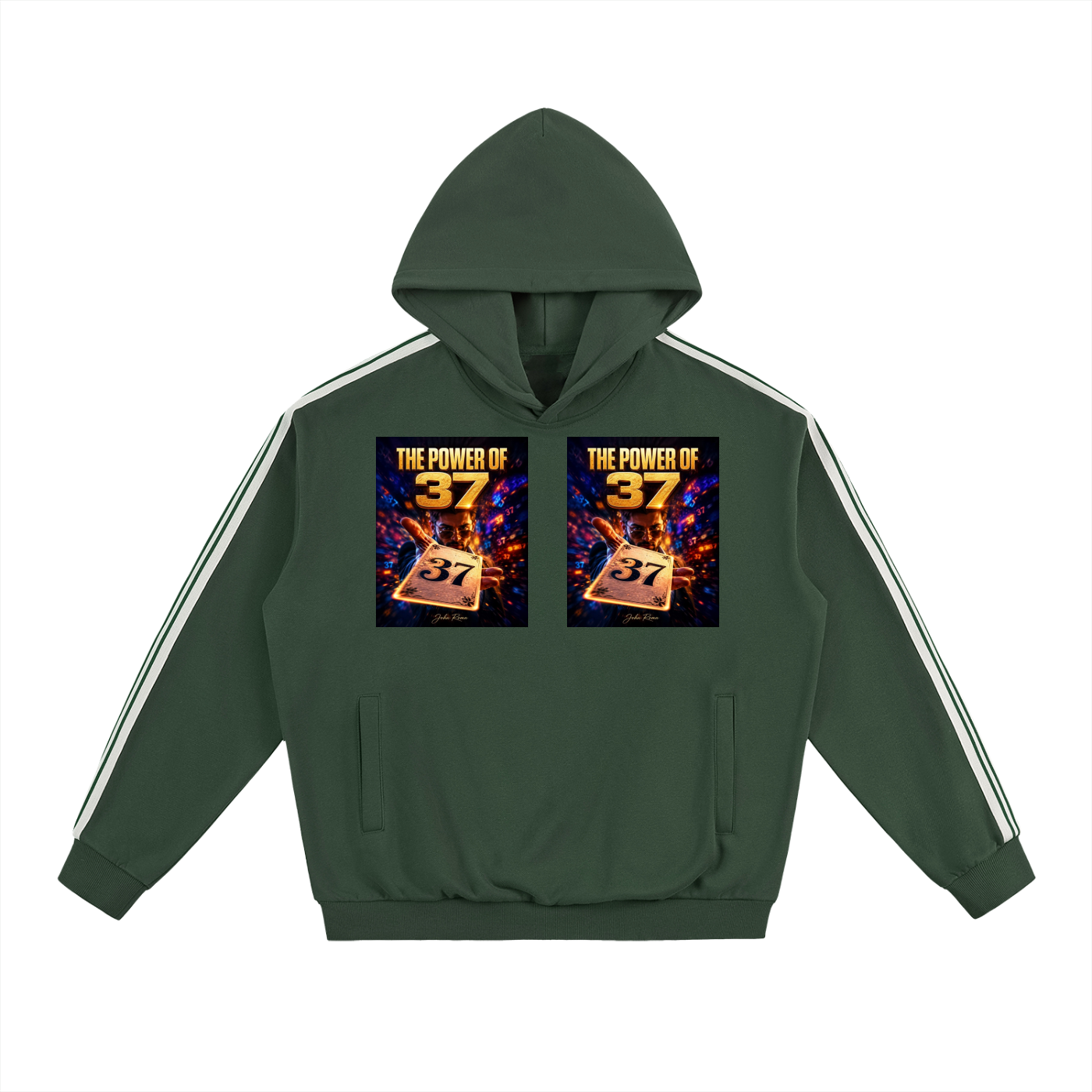 A dark green pullover hoodie with white stripes down the sleeves and a graphic print on the chest featuring the text 'THE POWER OF 37' and a glowing card design.
