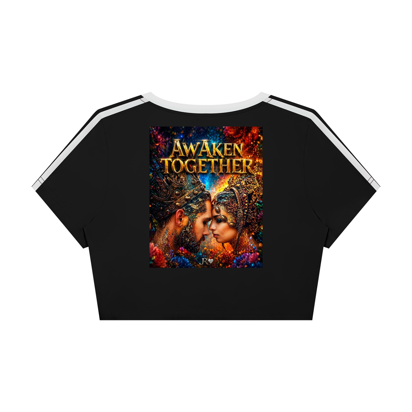 A black short-sleeve crop top with white stripes on the shoulders and a colorful graphic print on the front featuring the text 'Awaken Together' and an illustrated portrait, shown on a plain white background.