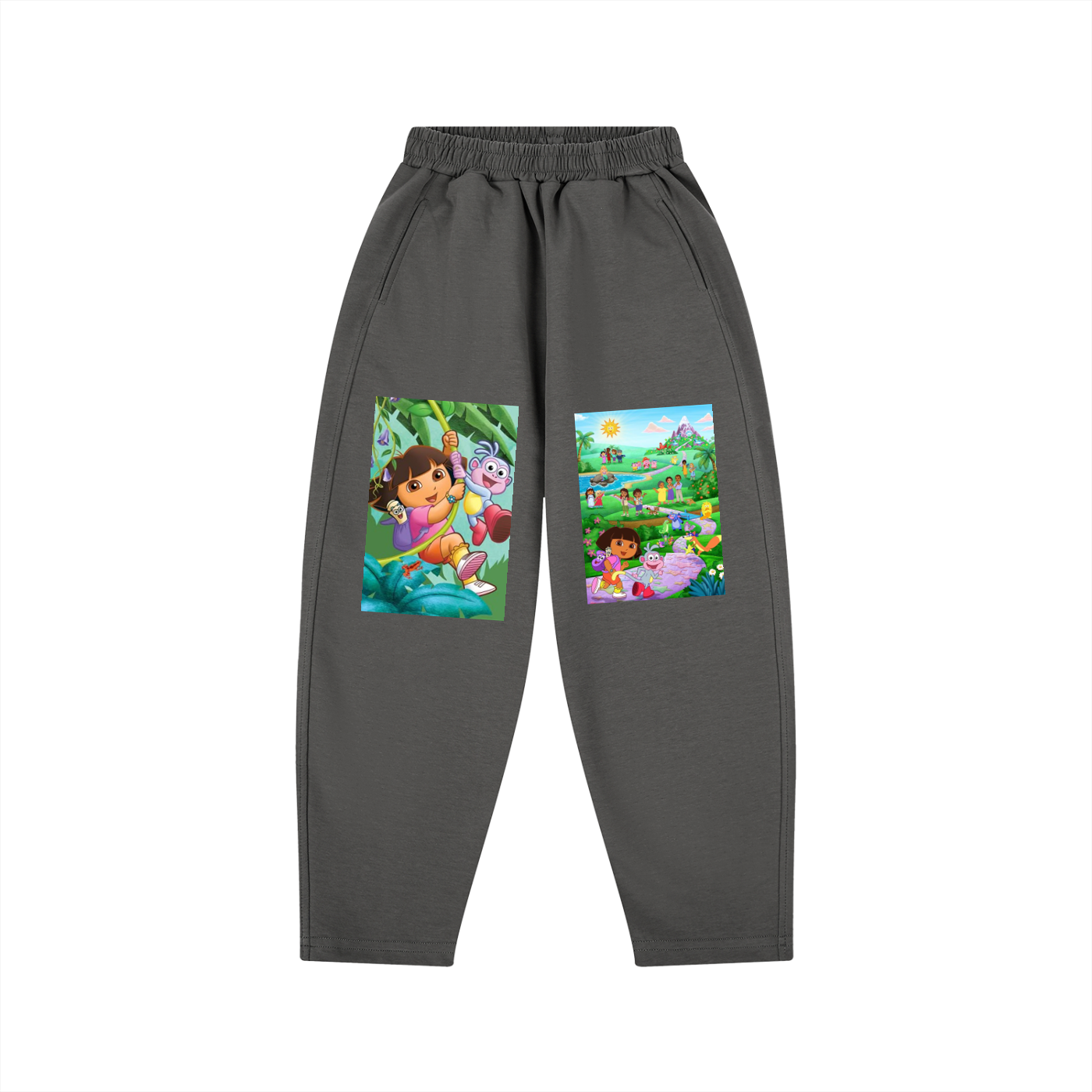 Gray sweatpants with Dora the Explorer graphics on a white background