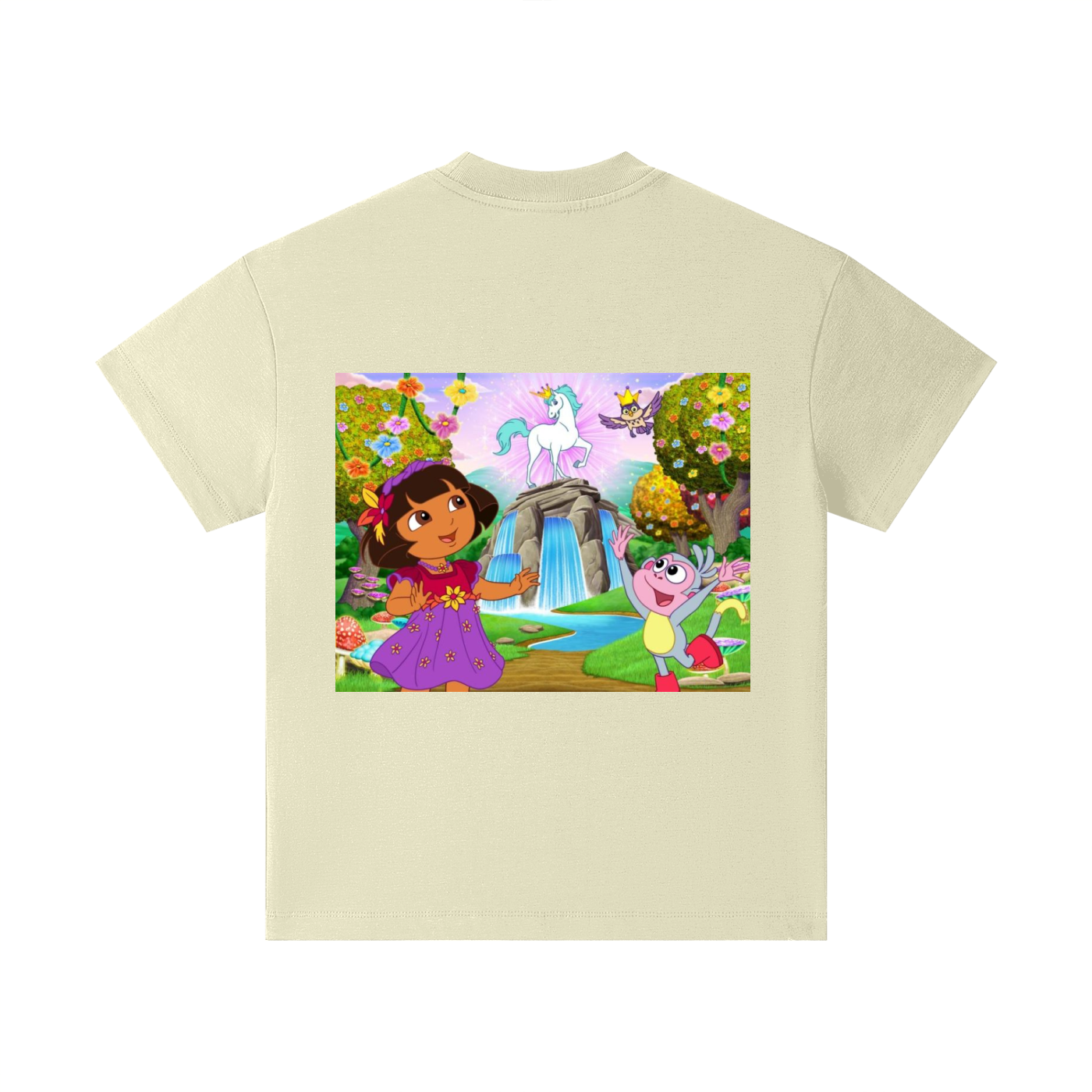 Beige t-shirt with Dora the Explorer and Boots in a cartoon scene printed on it.