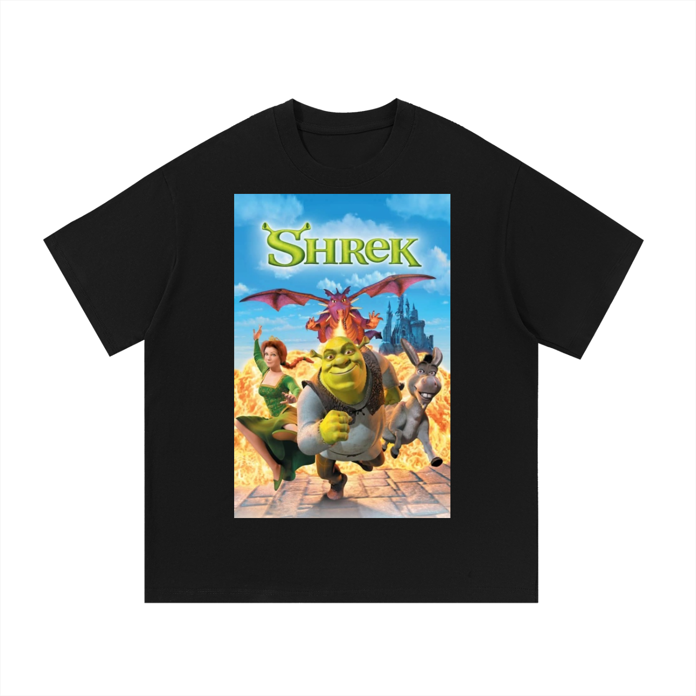 Black t-shirt with Shrek movie poster design on a white background