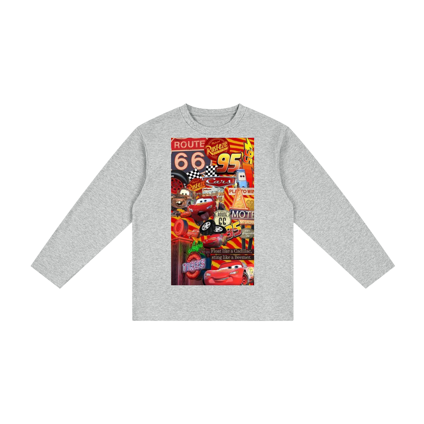 Gray long-sleeve shirt with a colorful graphic design on a white background
