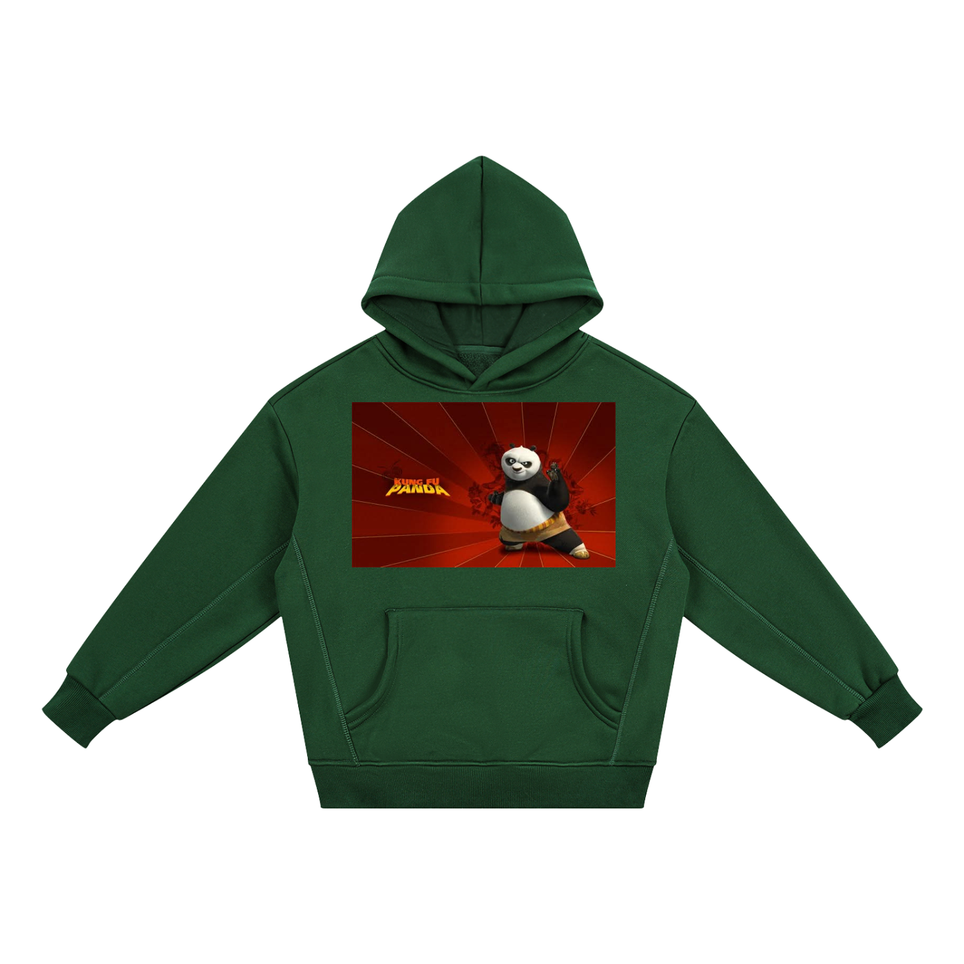 Green hoodie with a panda design on a red background