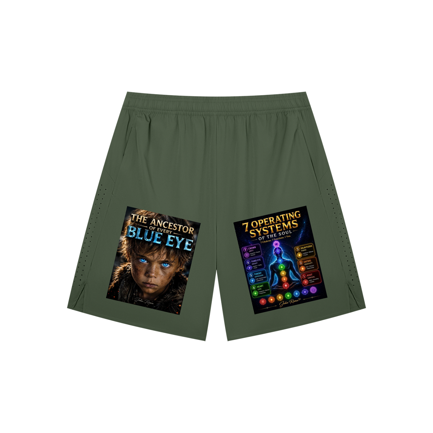 Olive green athletic shorts with printed graphic designs on both legs, displayed against a plain white background.
