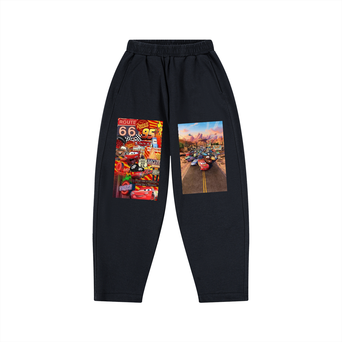Black pants with graphic designs on a white background