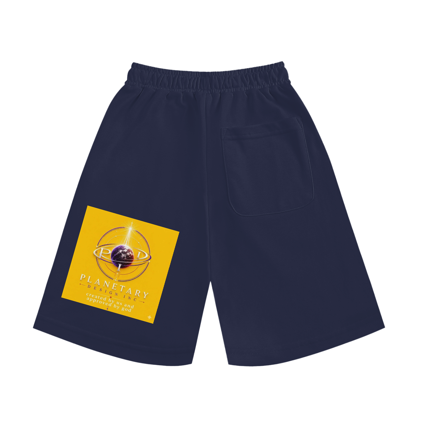 Navy shorts with a yellow patch featuring a logo on a white background