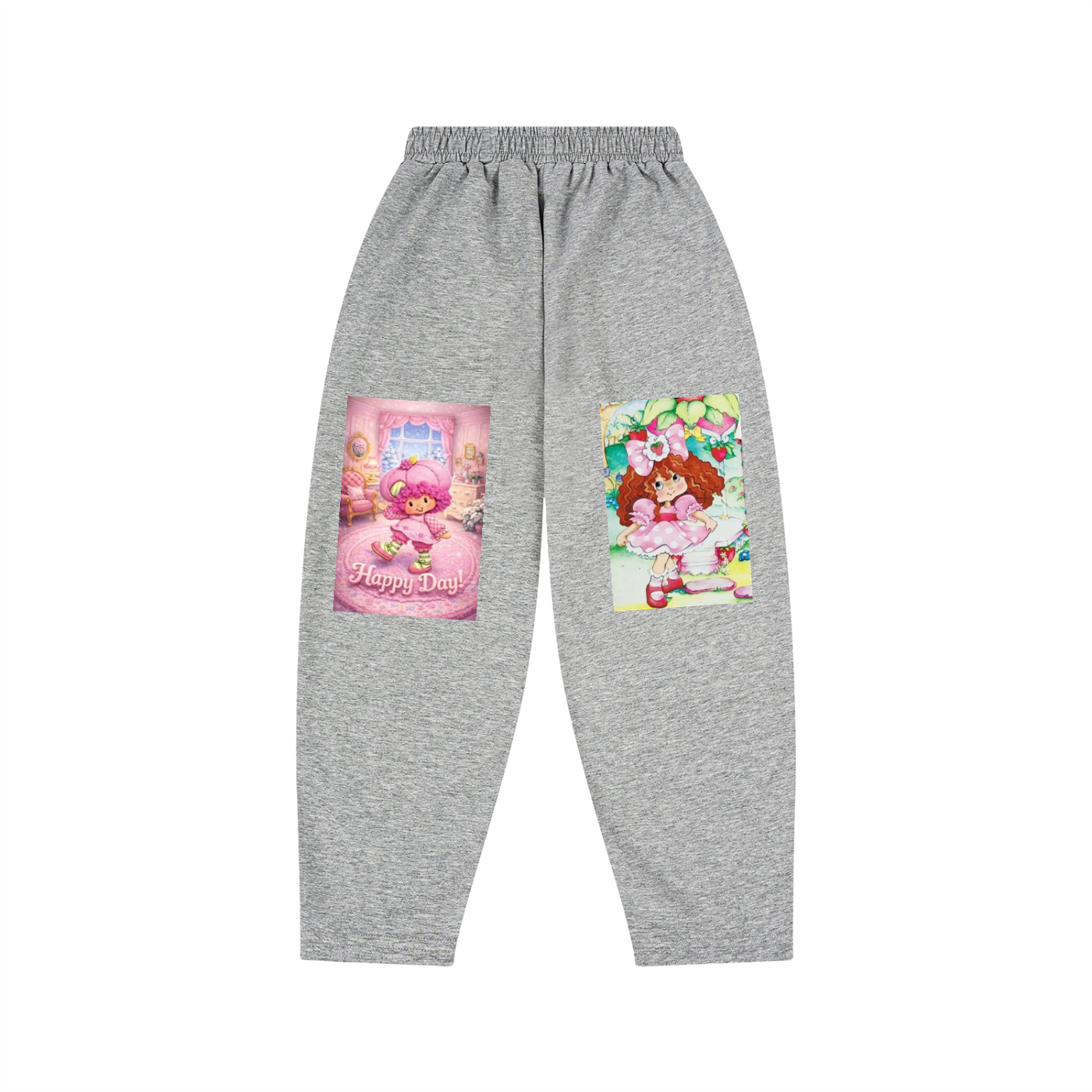Gray sweatpants with cartoon character prints on a white background