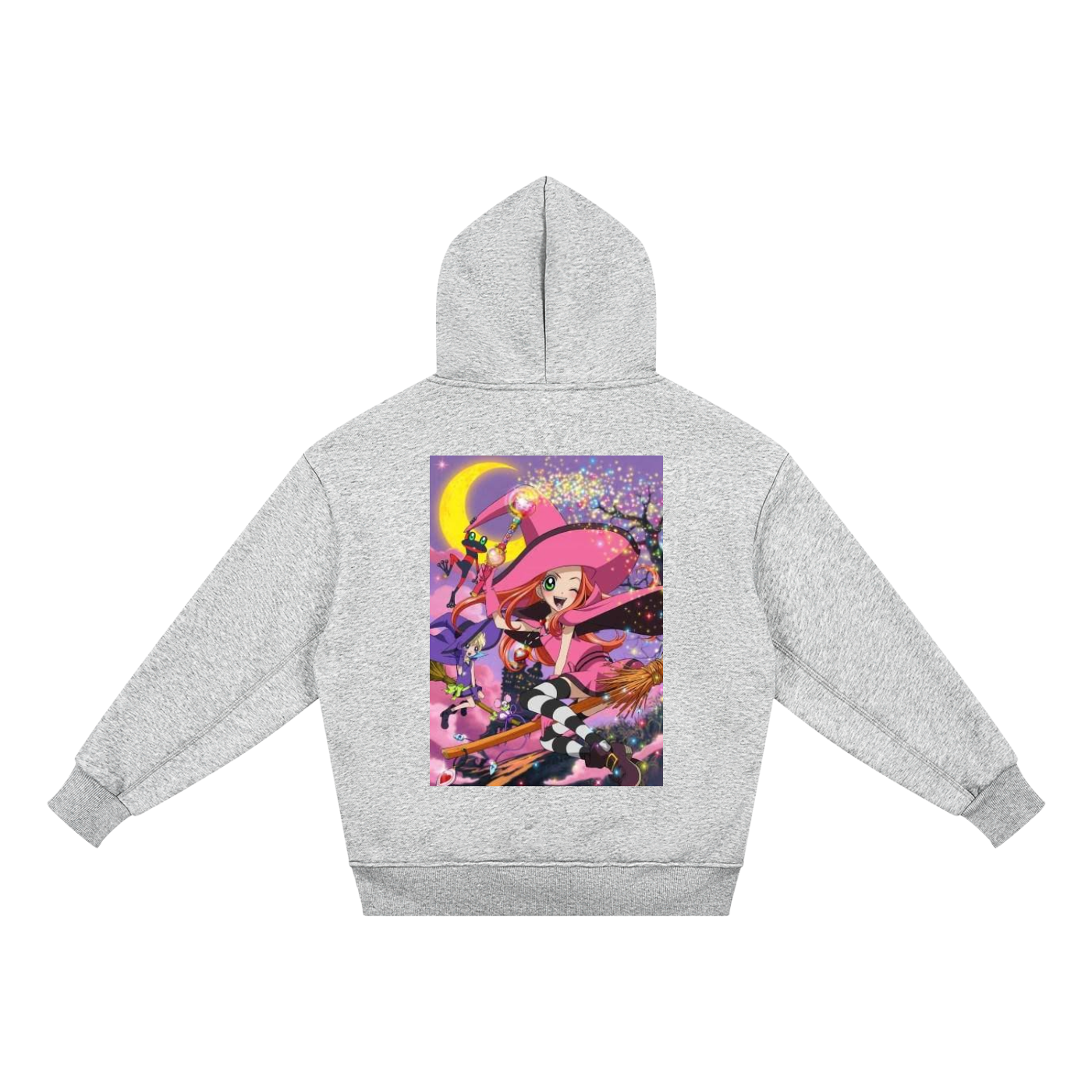 A light heather gray hoodie shown from the back, featuring a large, colorful anime-style graphic print on the back with a pink witch hat, a yellow crescent moon, and a purple background.
