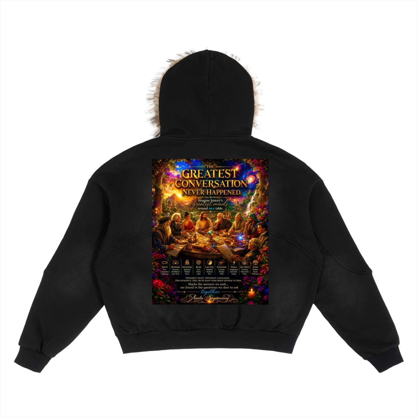 Black cropped hoodie with a faux-fur trimmed hood, shown from the back. The back features a large, colorful graphic print with the text 'The Greatest Conversation You'll Ever Experience' and an illustrated scene.