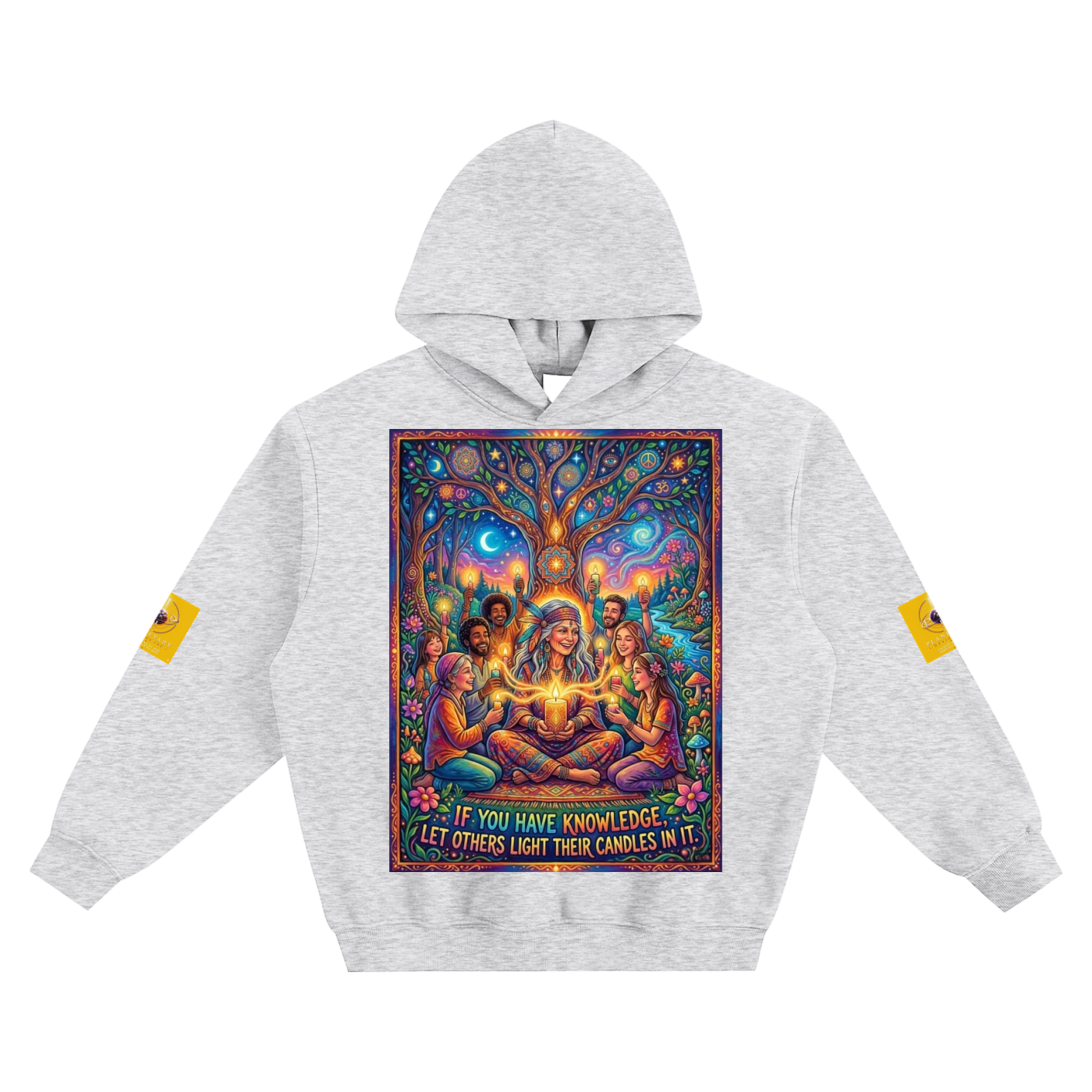 A light heather gray boxy fit hoodie with a large, colorful graphic print on the front showing a glowing figure surrounded by people under a tree.