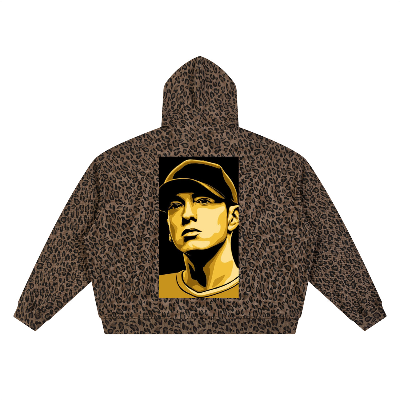 Leopard print hoodie with a graphic of a person wearing a cap on the back, on a white background.