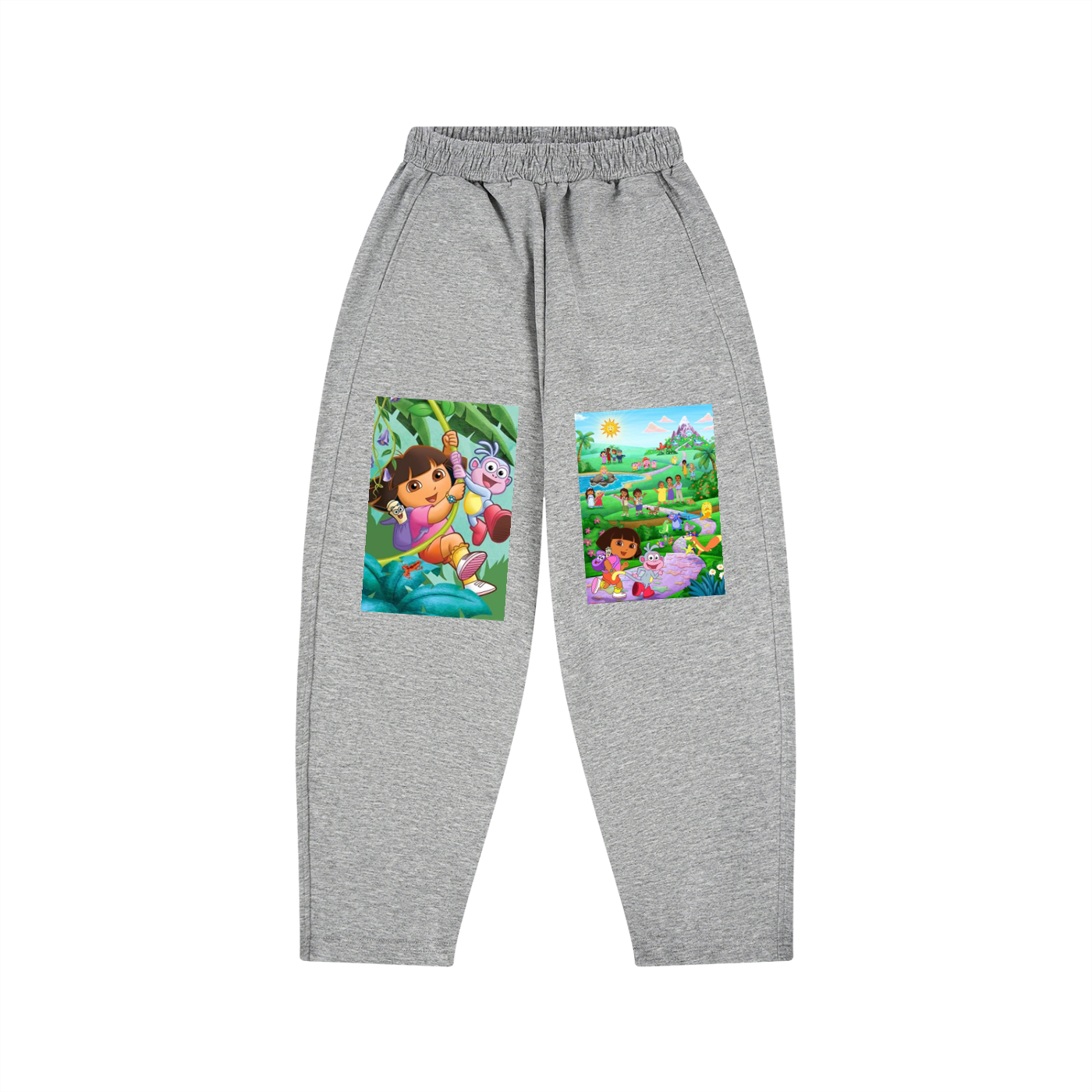 Gray sweatpants with Dora the Explorer graphics on a white background