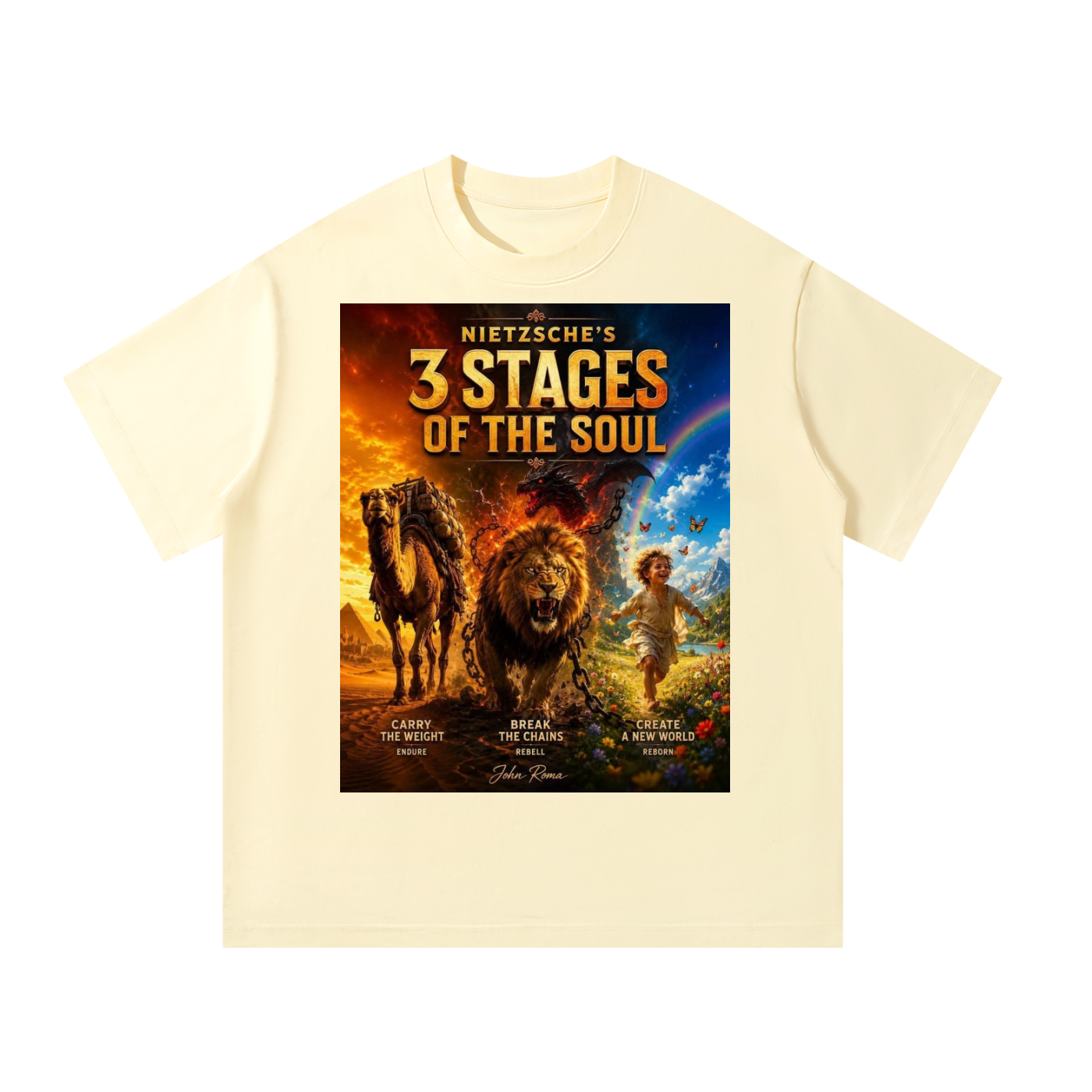 Beige t-shirt with '3 Stages of the Soul' graphic design featuring a lion, horse, and child.