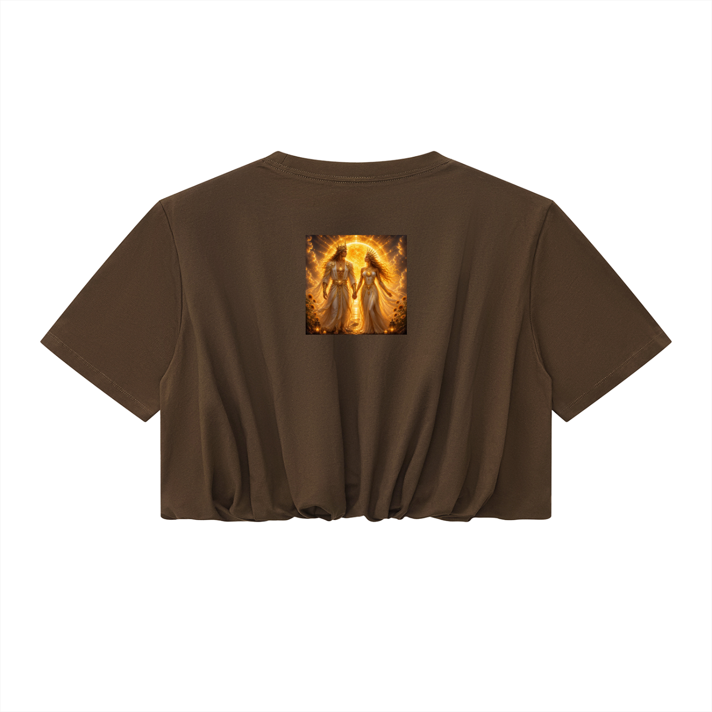 Brown t-shirt with a graphic design on the back against a white background