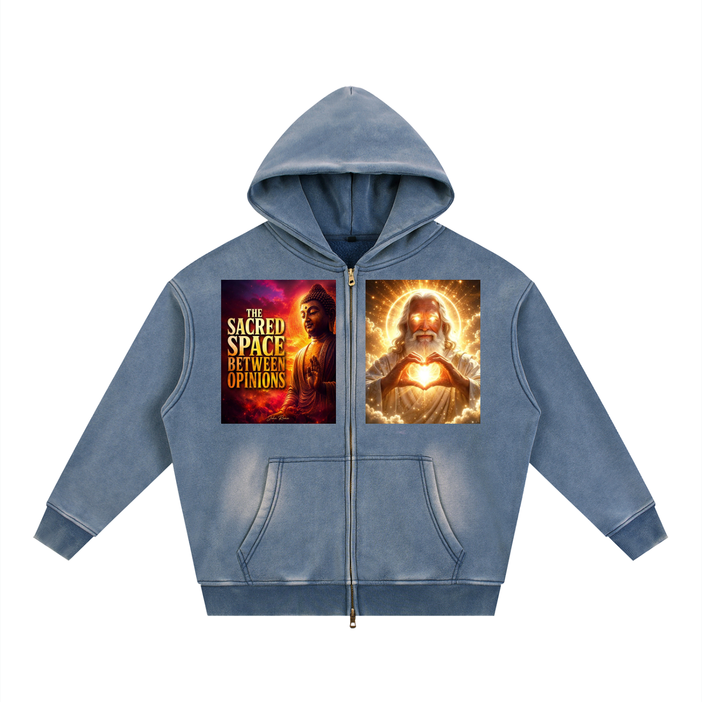 Blue hoodie with graphic designs on a white background