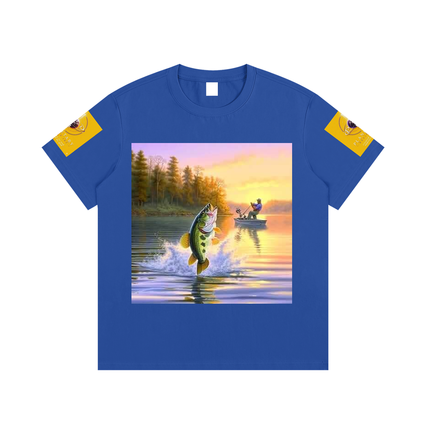 Blue t-shirt with a fishing scene print on a white background