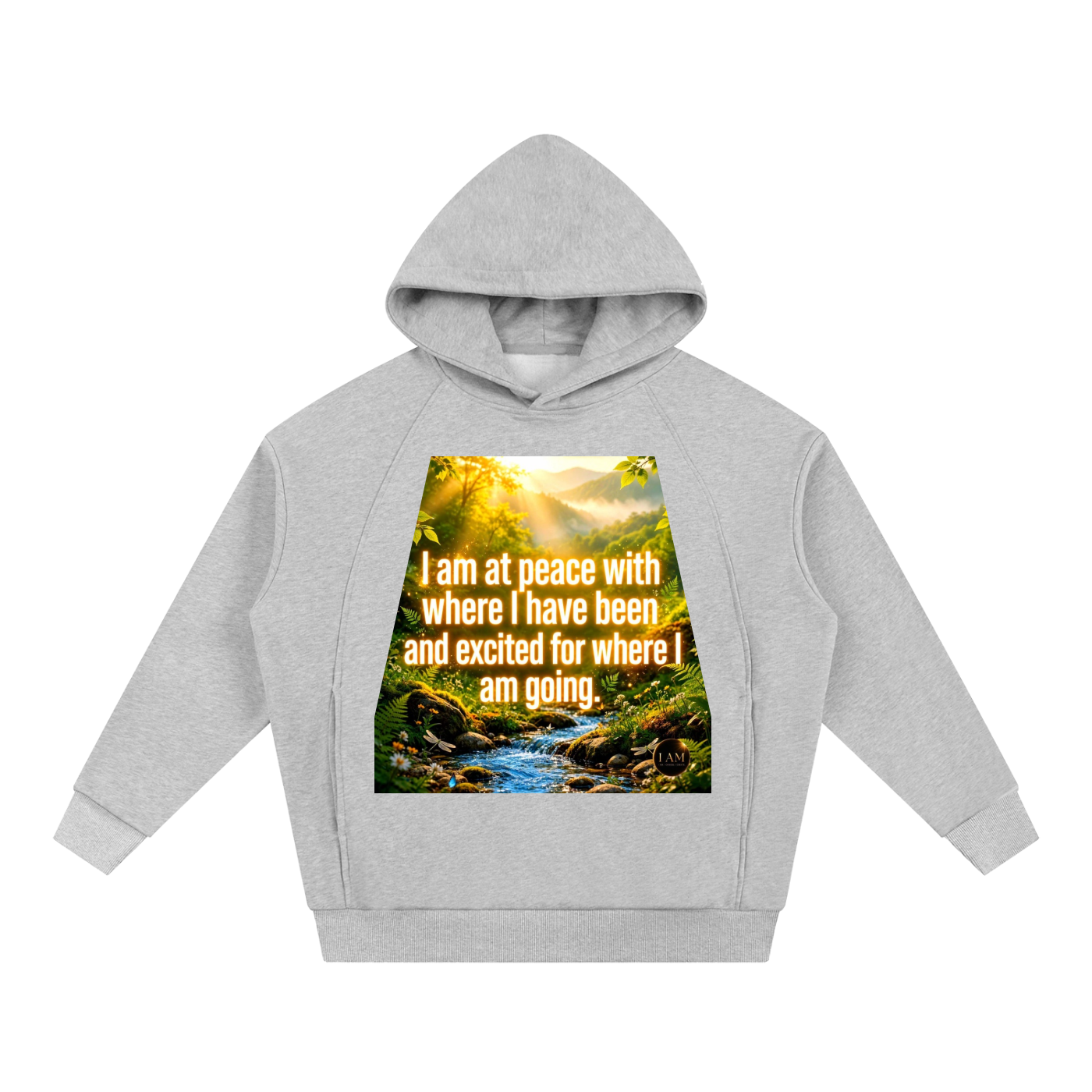 A light gray kids' pullover hoodie with a large graphic print on the front. The graphic shows a scenic forest stream with a waterfall and sun rays, overlaid with the text 'I am at peace with where I have been and excited for where I am going.
