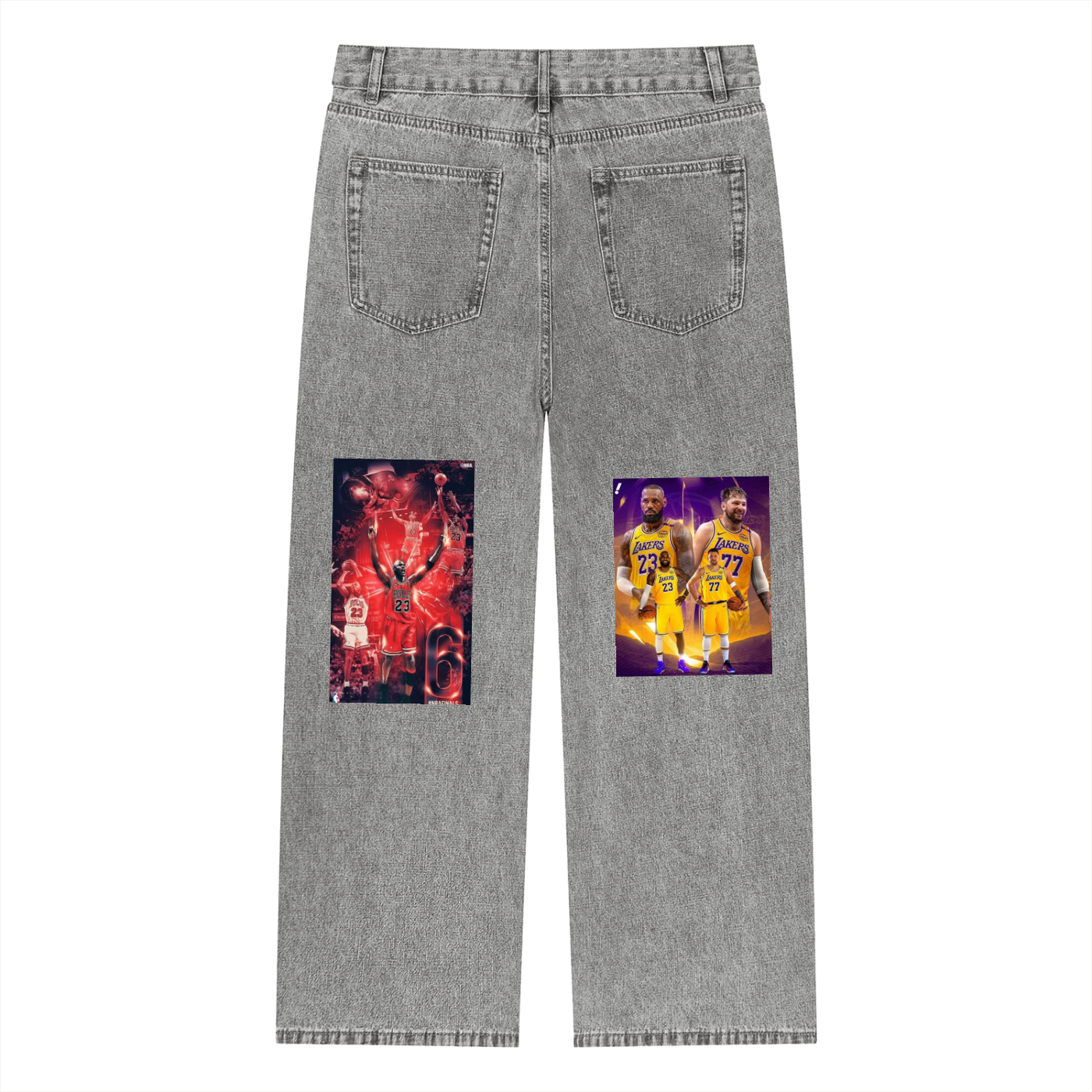 Gray jeans with two graphic patches on a white background