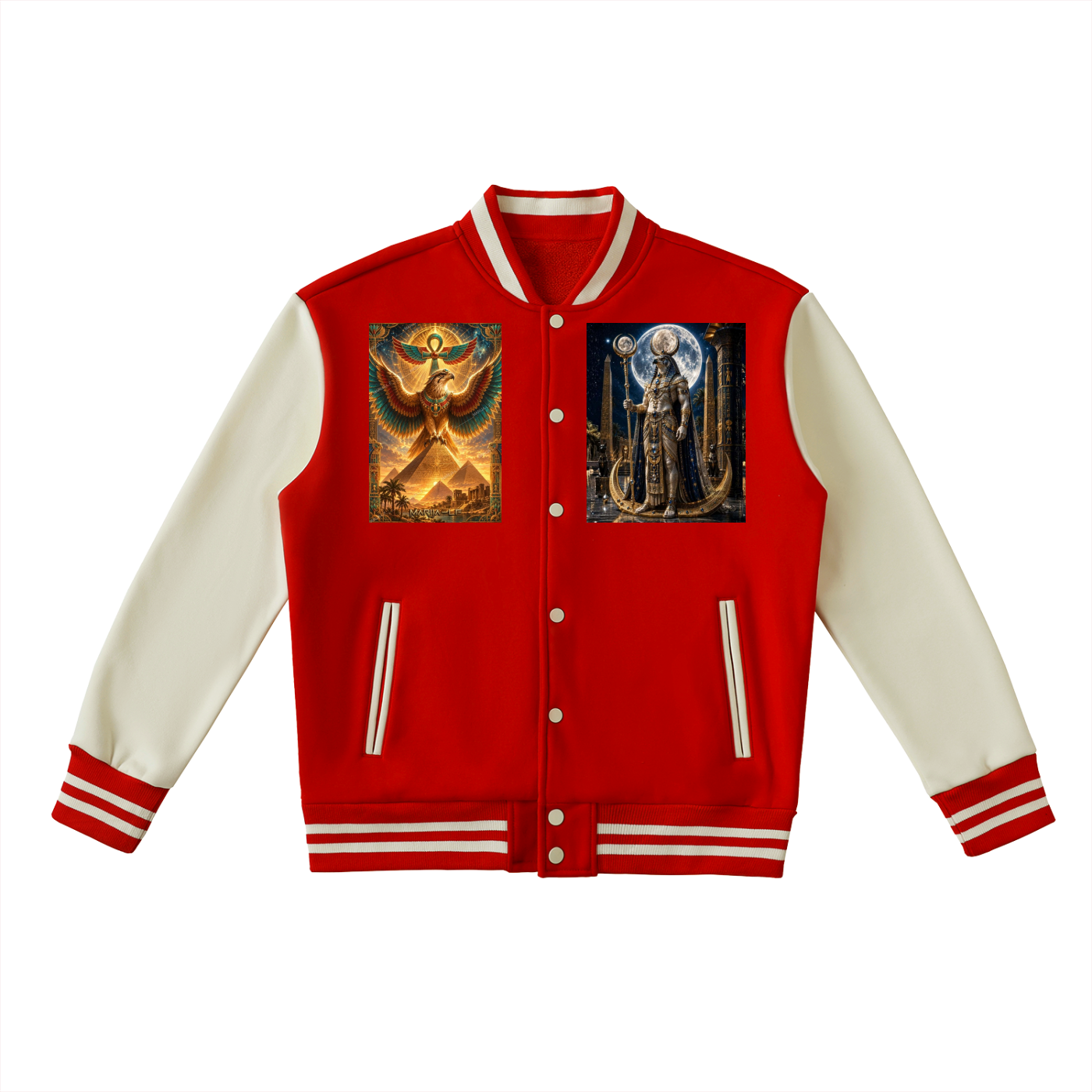 A red and cream varsity jacket featuring two square fantasy art prints on the chest, displayed against a solid white background.
