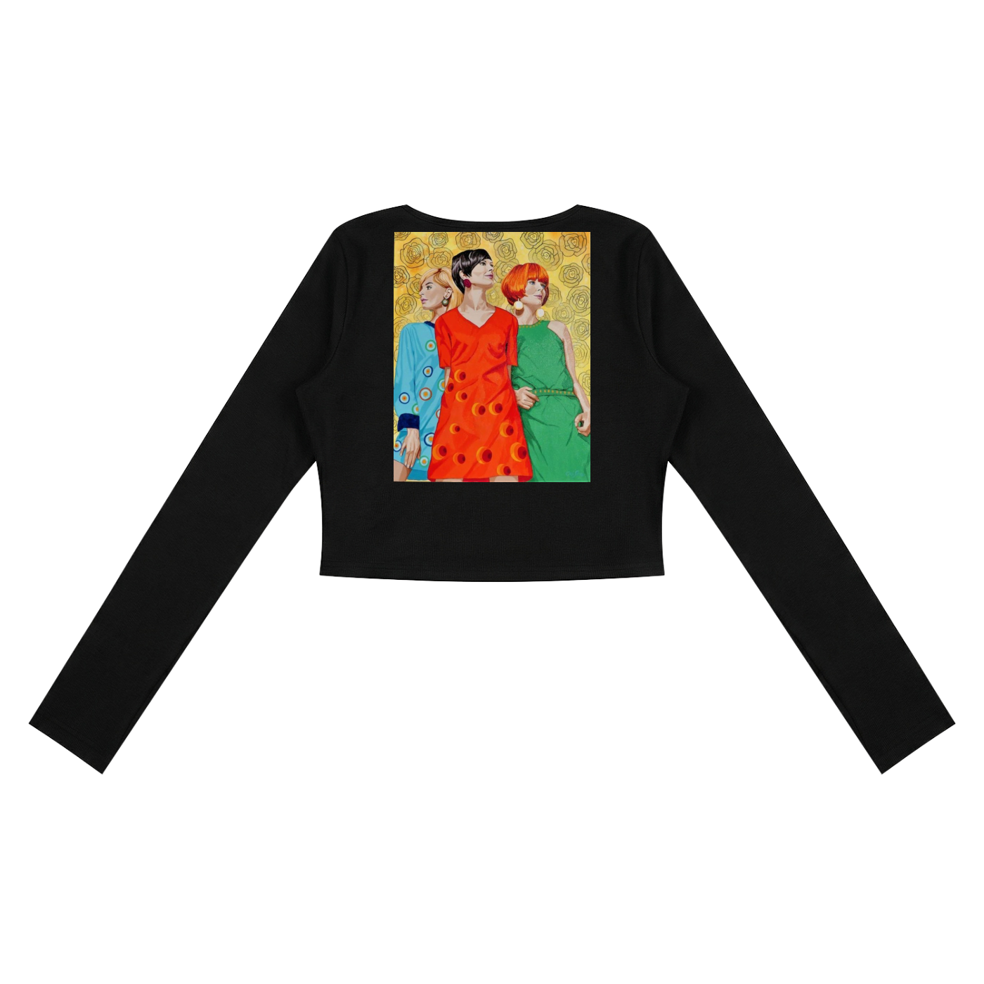 Black long-sleeve top with a graphic of three women on the back against a white background