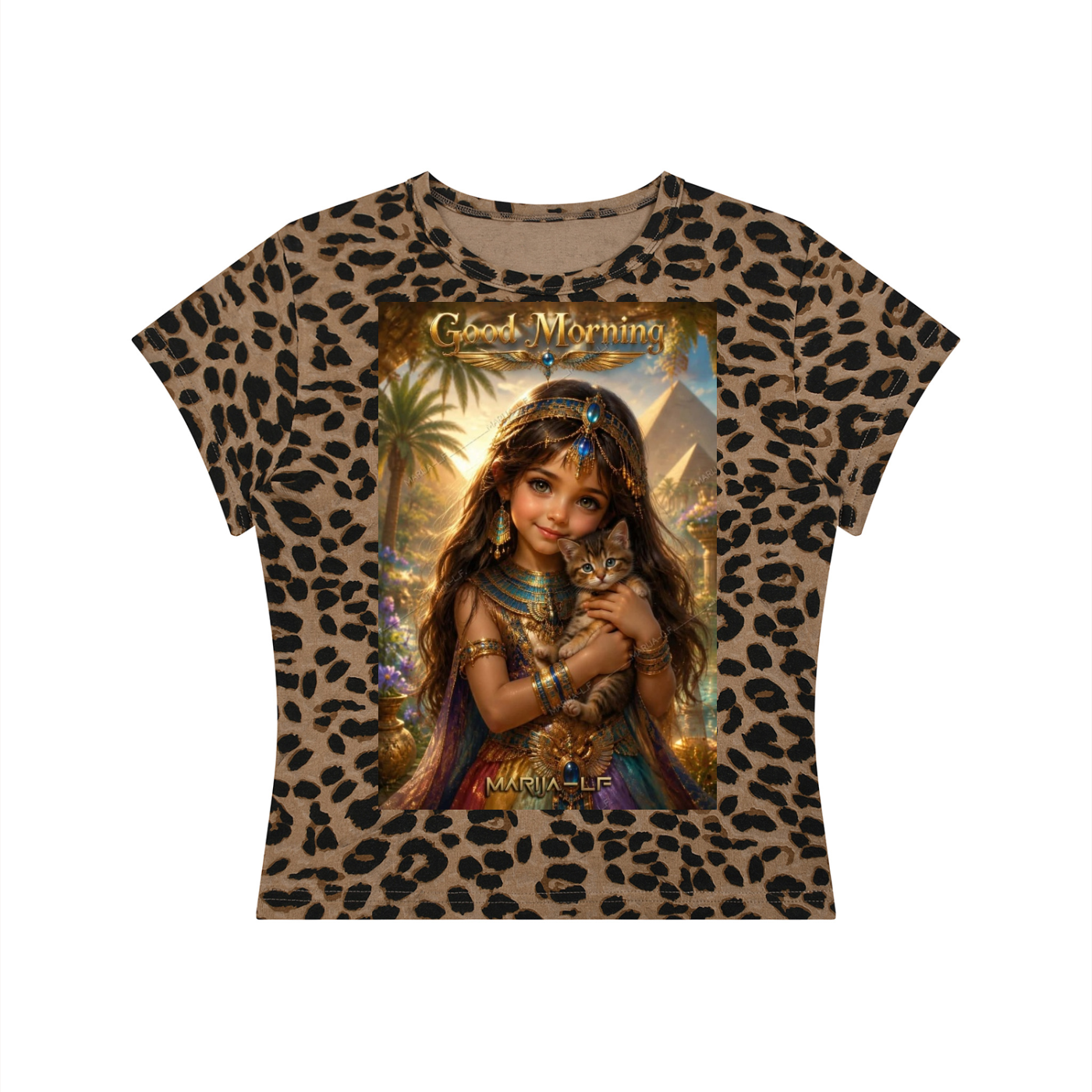 A short-sleeve t-shirt with a leopard print pattern, featuring a large central graphic print of a woman holding a cat with the text 'Good Morning' and 'Mia - LE'.