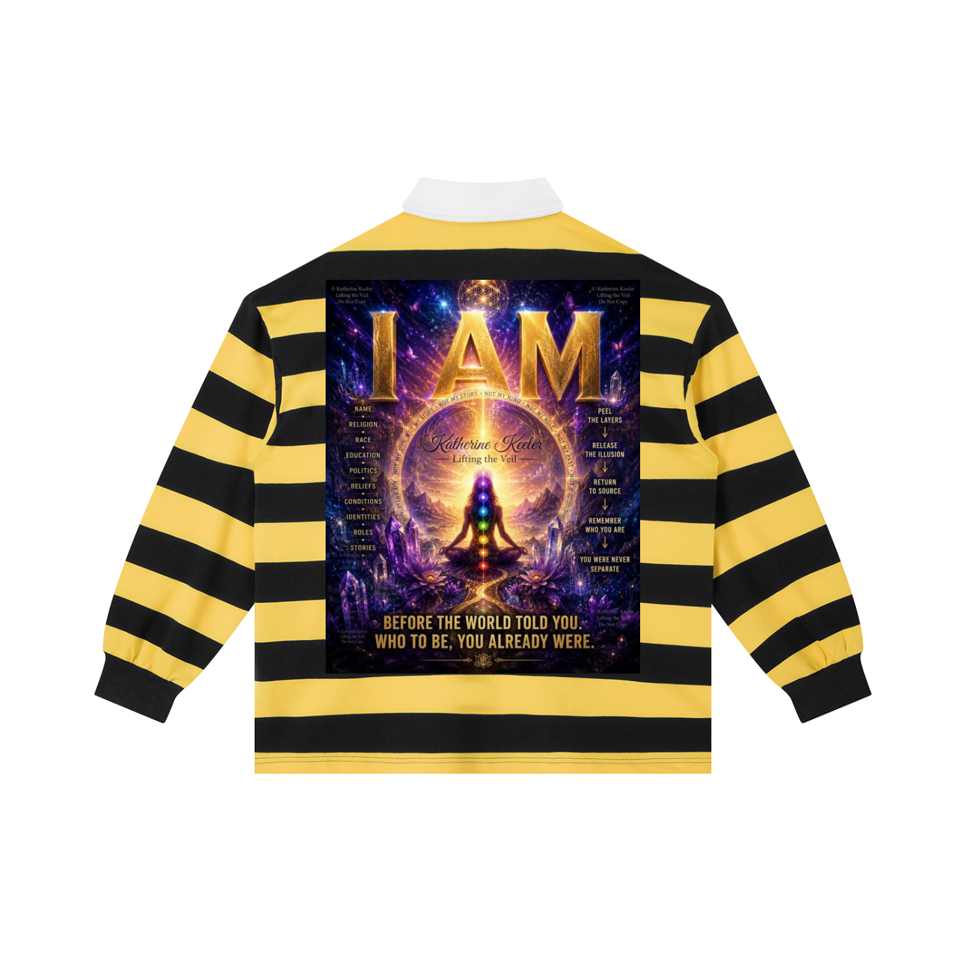 A long-sleeve raglan-style shirt shown from the back, featuring bold yellow and black horizontal stripes on the sleeves and body, with a large cosmic graphic print and the word 'I AM' across the upper back.
